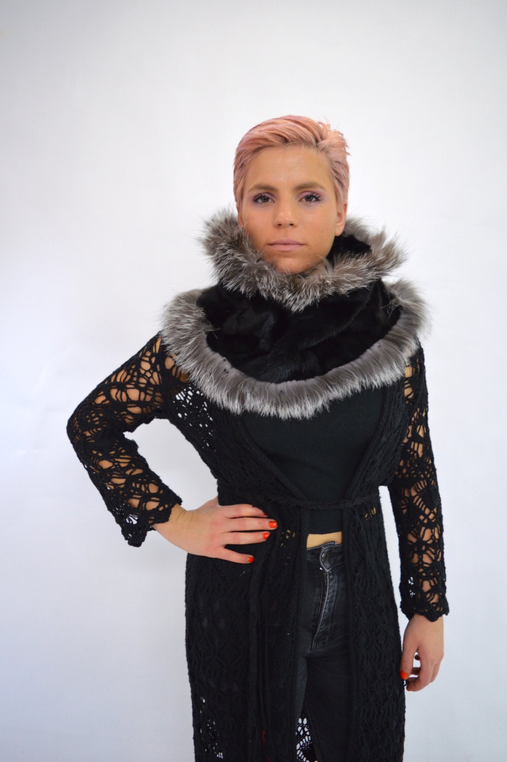 Handmade Black Mink Fur Infinity Scarf: Silver Fox Fur Cowl
