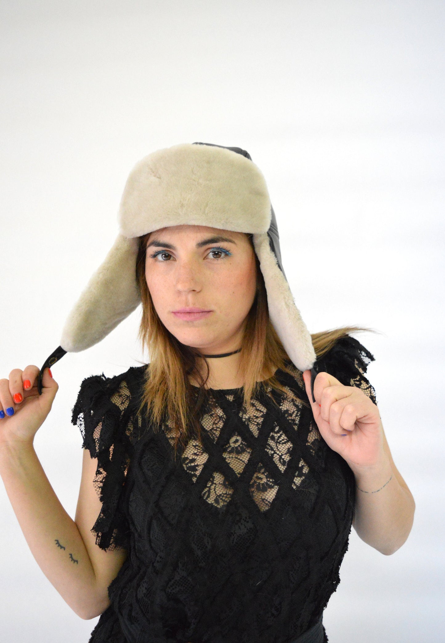 Shearling Fur Trapper Hat: Cream & Bordeaux Sheepskin Aviator Style