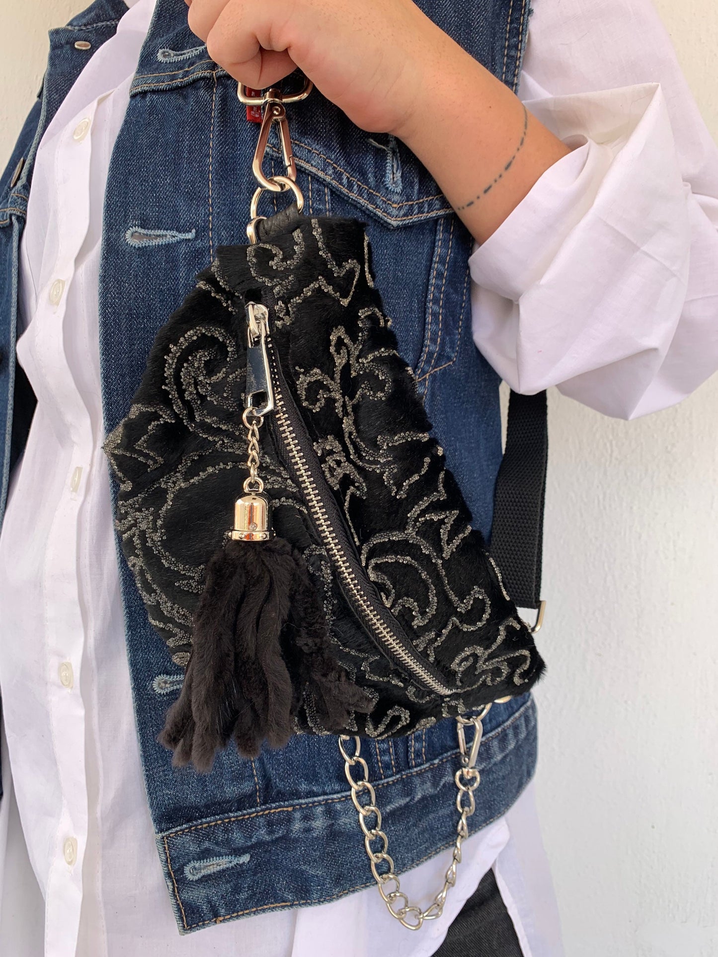 Mink Fur Bumbag with Chain & Tassel: Embroidered Rabbit Fur Fanny Pack