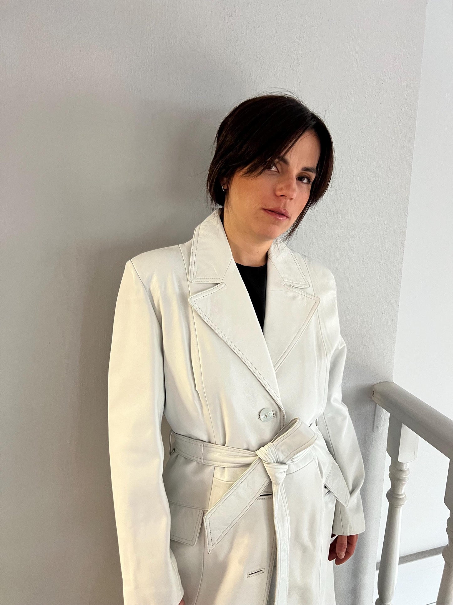 Handmade Nappa Lambskin Leather Coat: White Wrap Belted Jacket