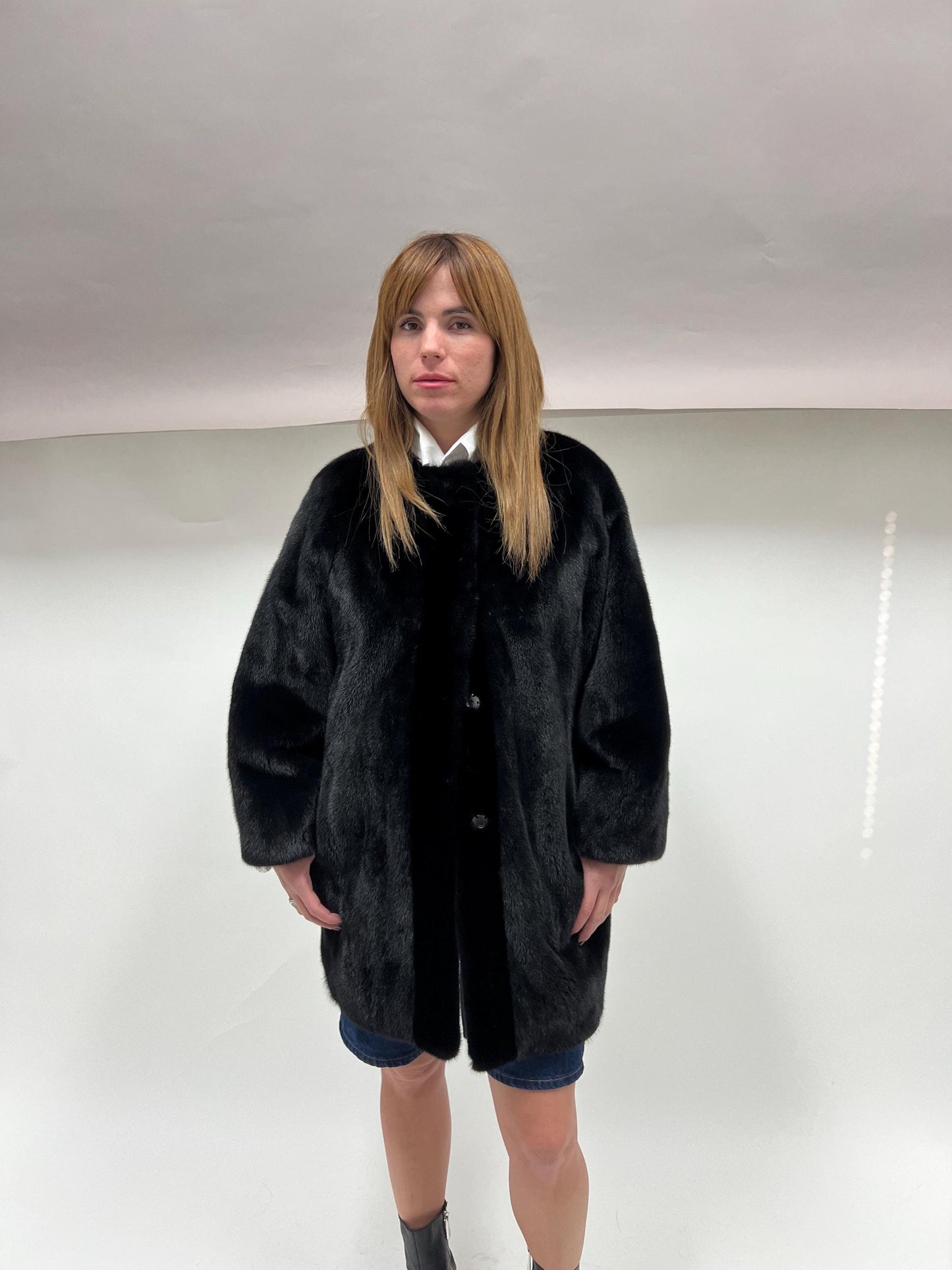 Black Velvet Mink Fur Robe Coat - Saga Pelts, Collarless