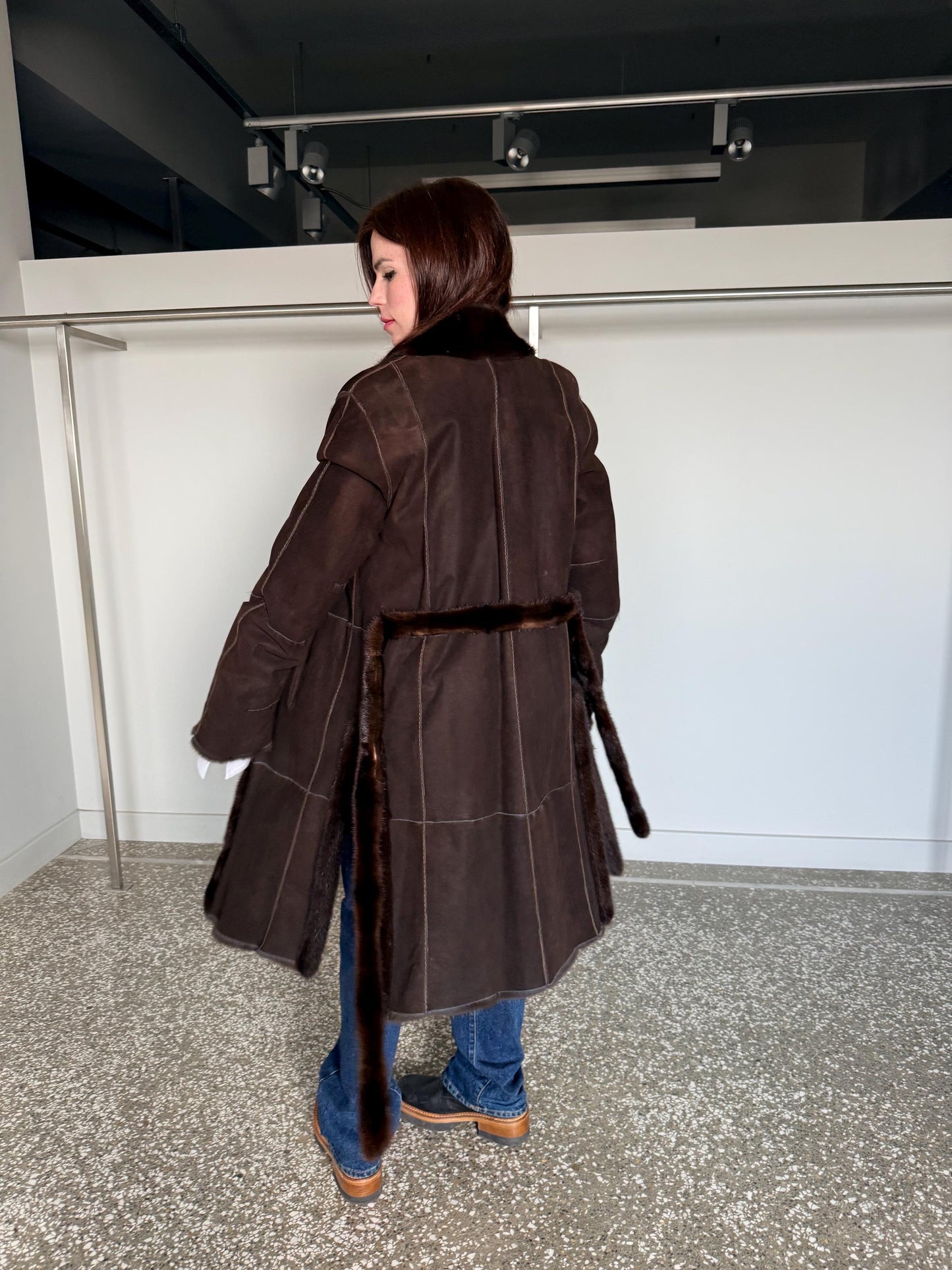 Reversible Demi Buff Mink Fur Coat with Suede Leather: Long Collarless Stroller (Handmade Greece)