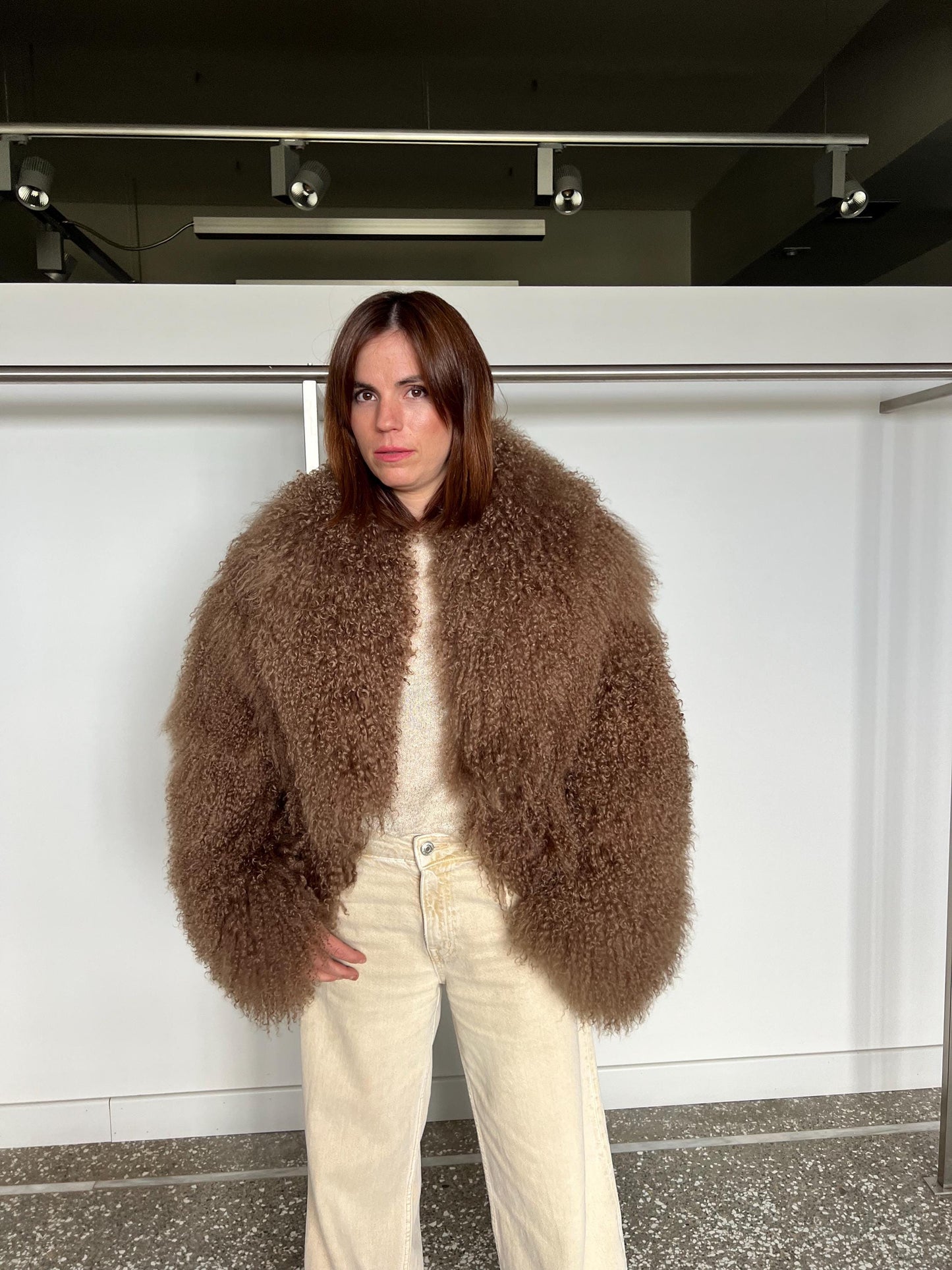 Handmade Chocolate Mongolian Lamb Fur Jacket - Pastel Brown Clip Closure