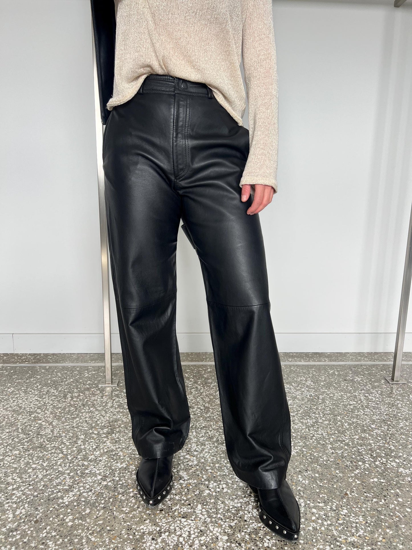 Black Nappa Lamb Leather Trousers: Handmade Zip Up Pants