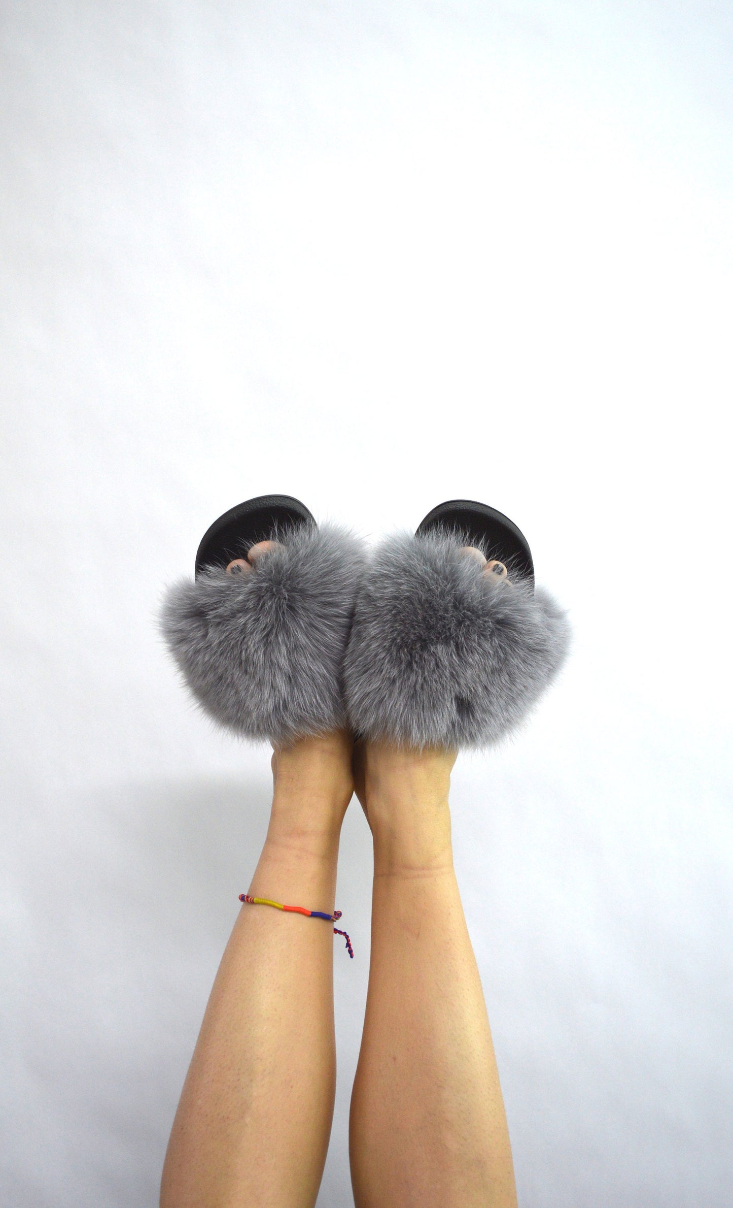 Grey Fox Fur Slides: Fluffy Pool Slippers