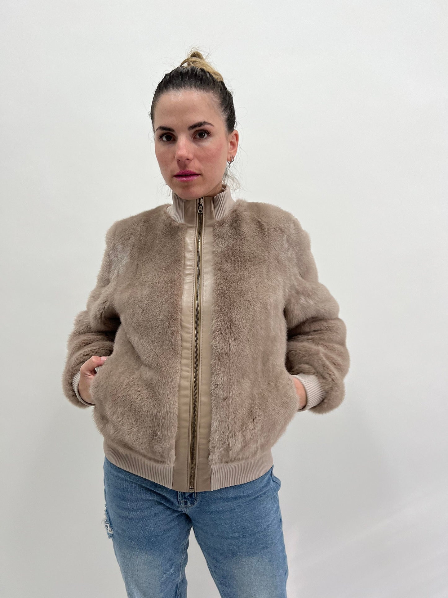 Taupe Mink Fur Bomber Jacket: Knit & Leather, Handmade in Greece