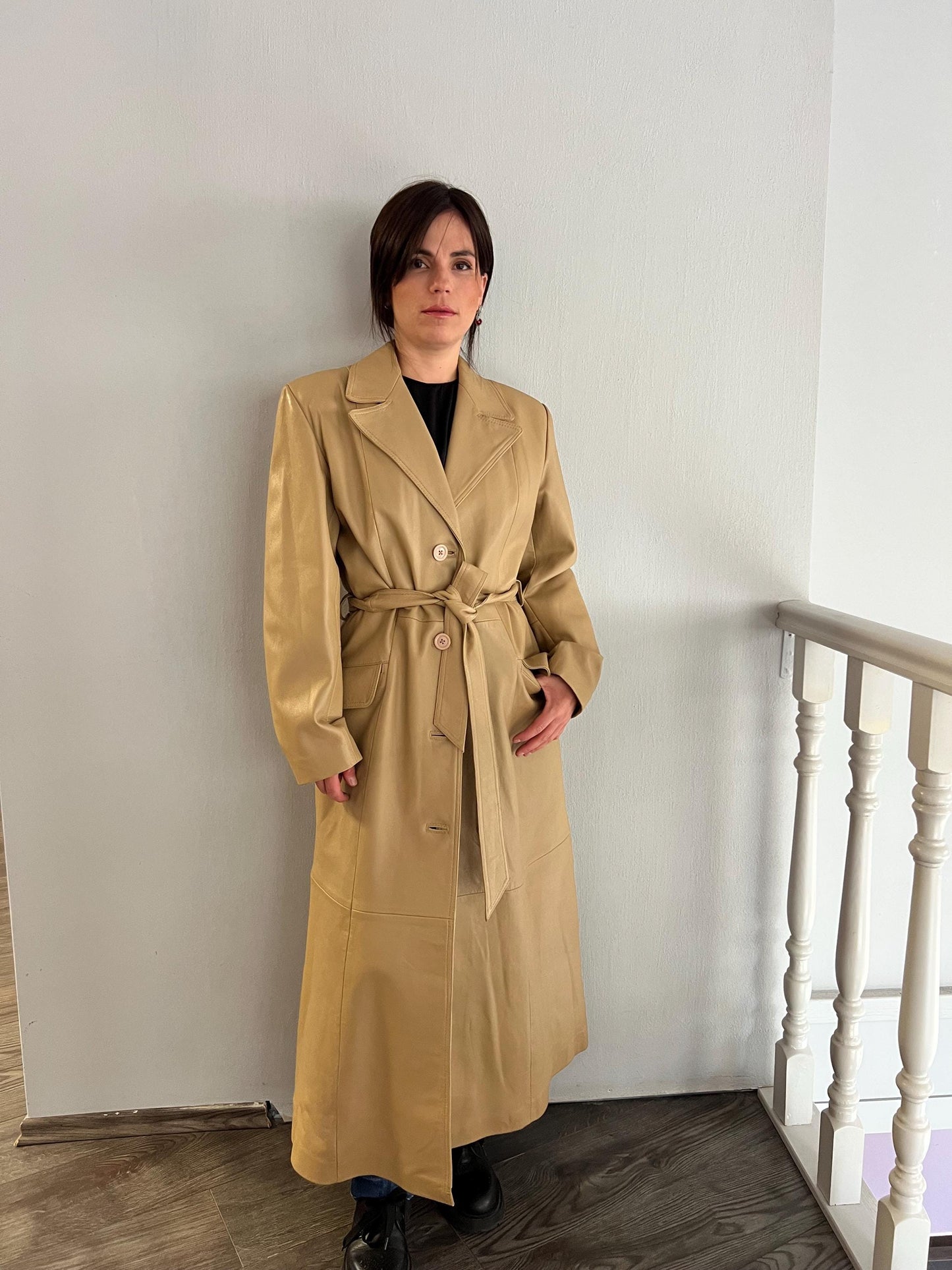 Handmade Nappa Lamb buttery  Leather Coat: Genuine Camel Leather Tie-Wrap, Made in Greece