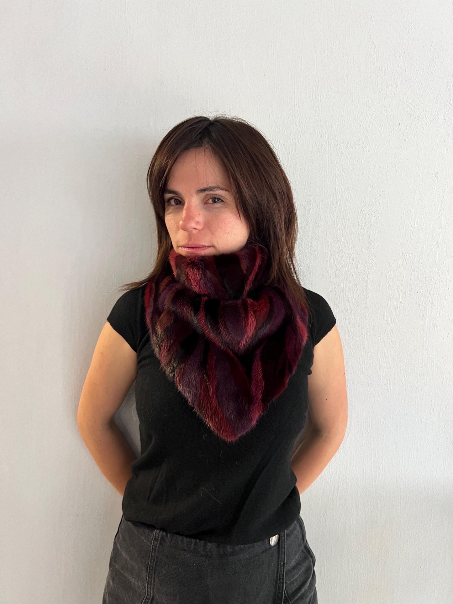 Burgundy Mink Fur Handkerchief, Lined Fur Accessory