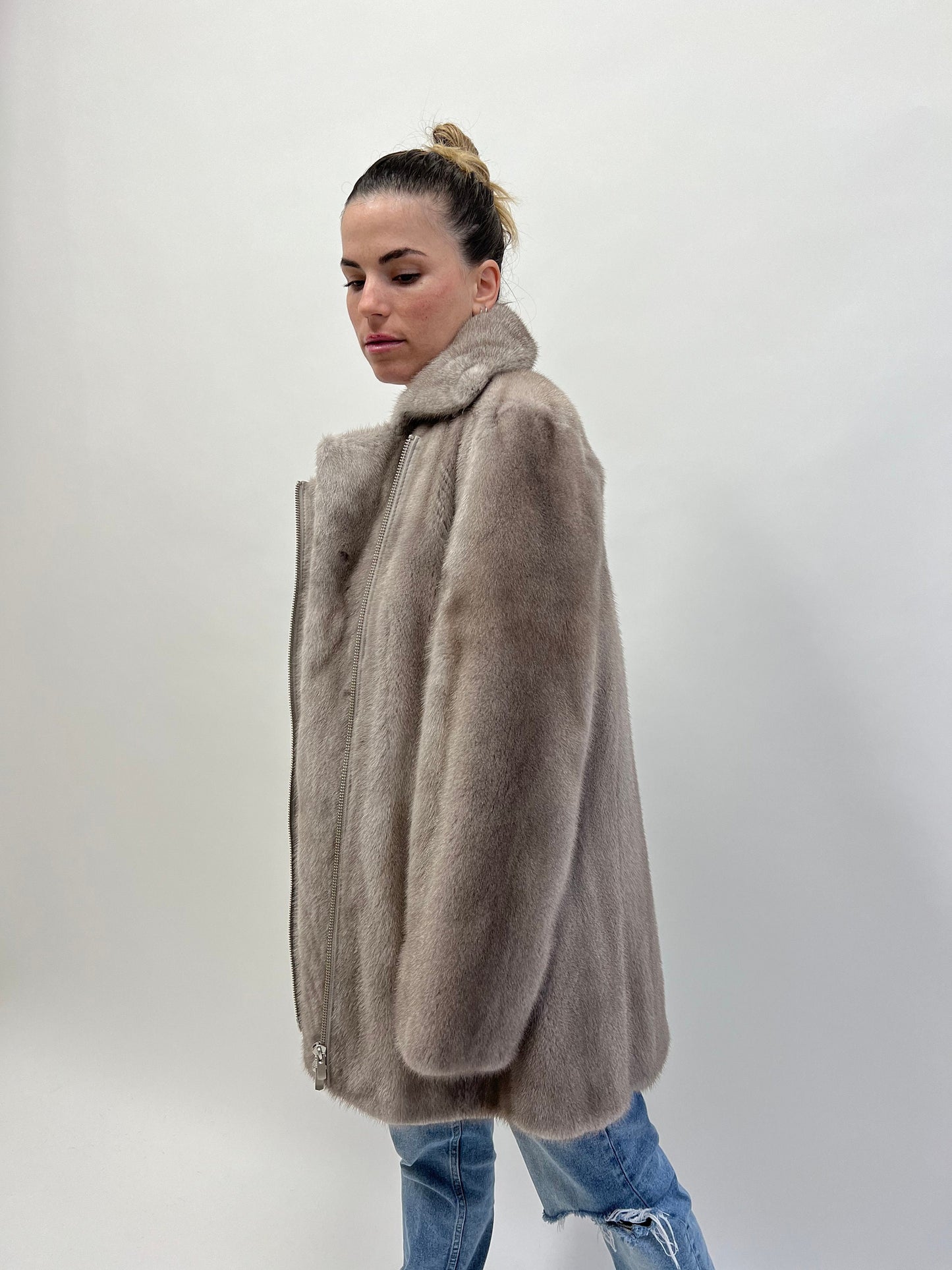 Silver Mink Fur Biker Jacket: Saga Mink, Handmade in Greece