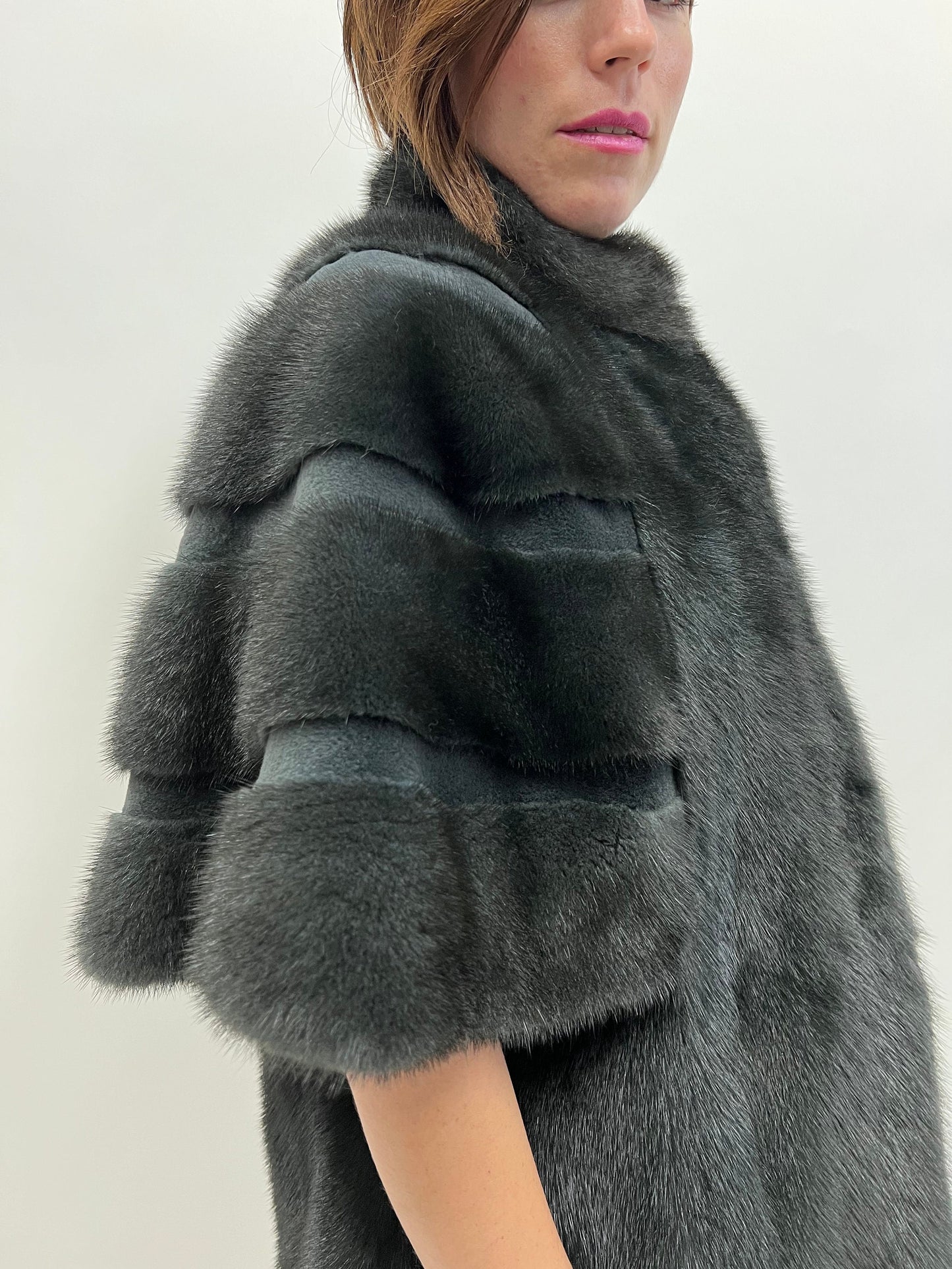 Midnight Blue Mink Fur Cape Jacket - Sheared Mink Details - Saga Furs