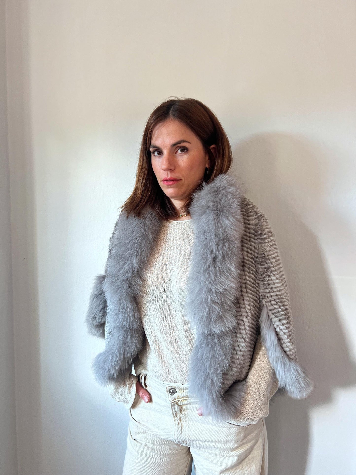 Handwoven Mink Fur Cape with Fox Fur Trim - Light Gray Poncho
