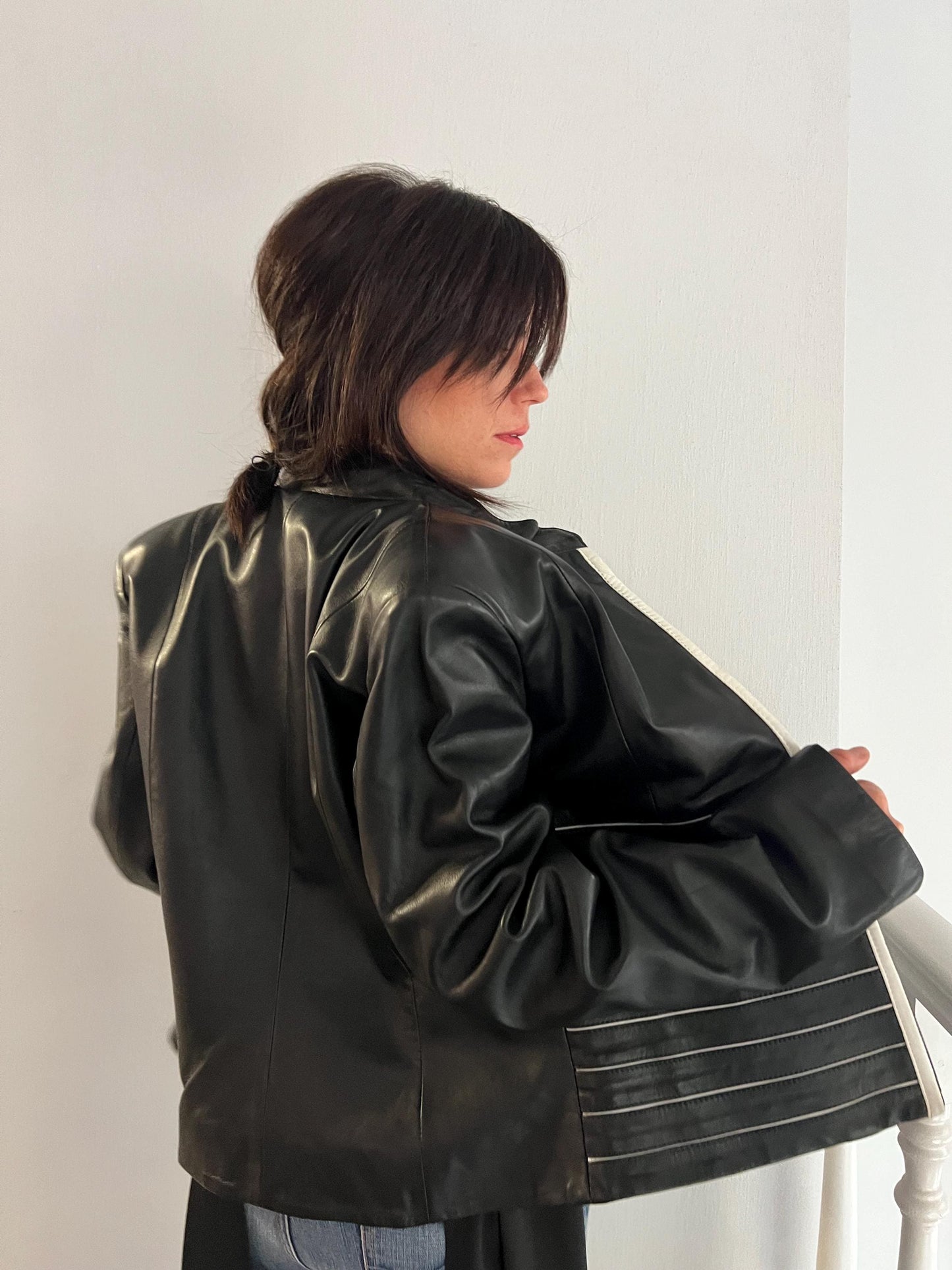 Handmade Black and White Lambskin buttery zipped up Leather Jacket - Medium