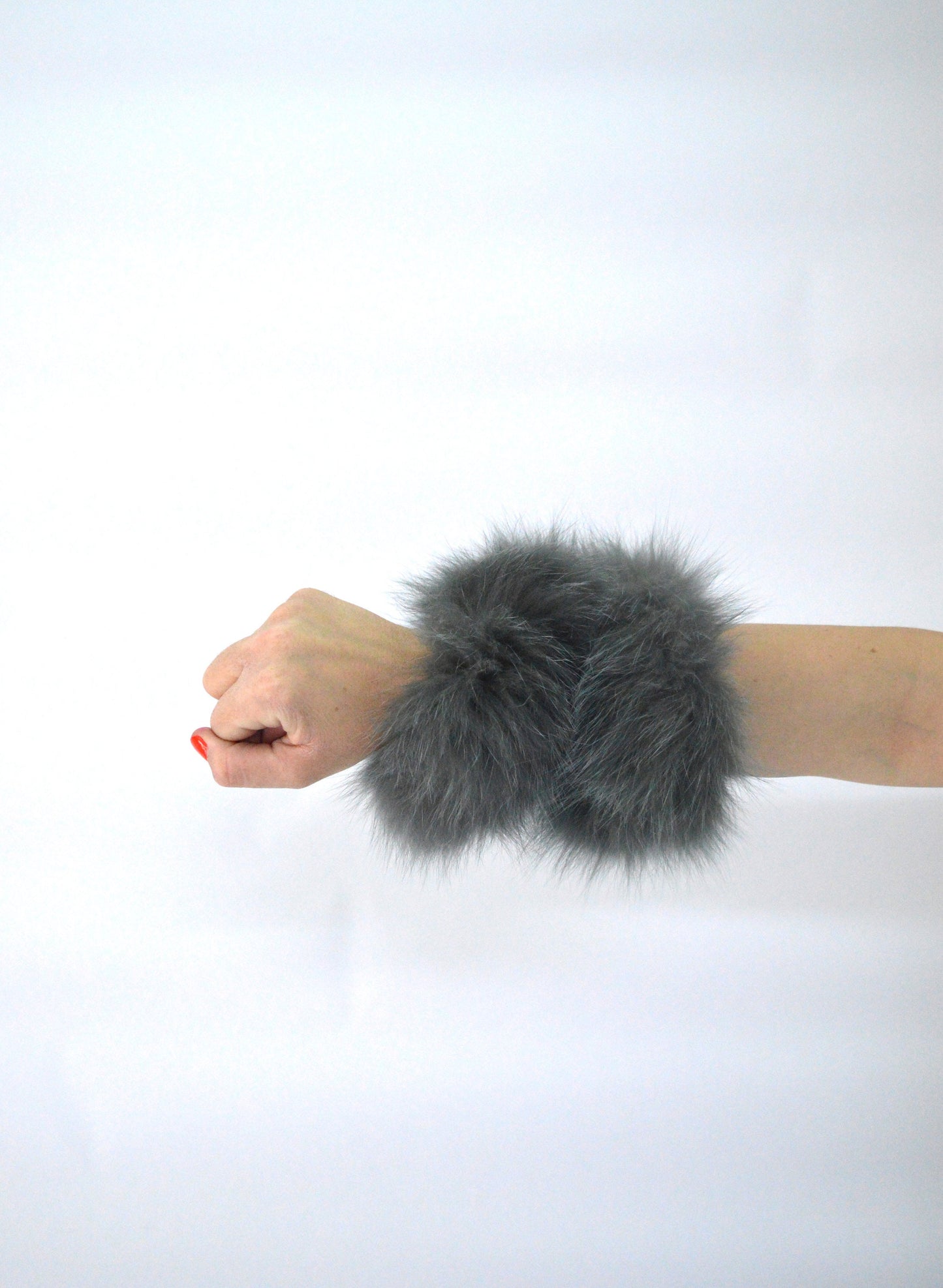 Gray Fox Fur Scrunchie: Fluffy Hair Elastic Bangle