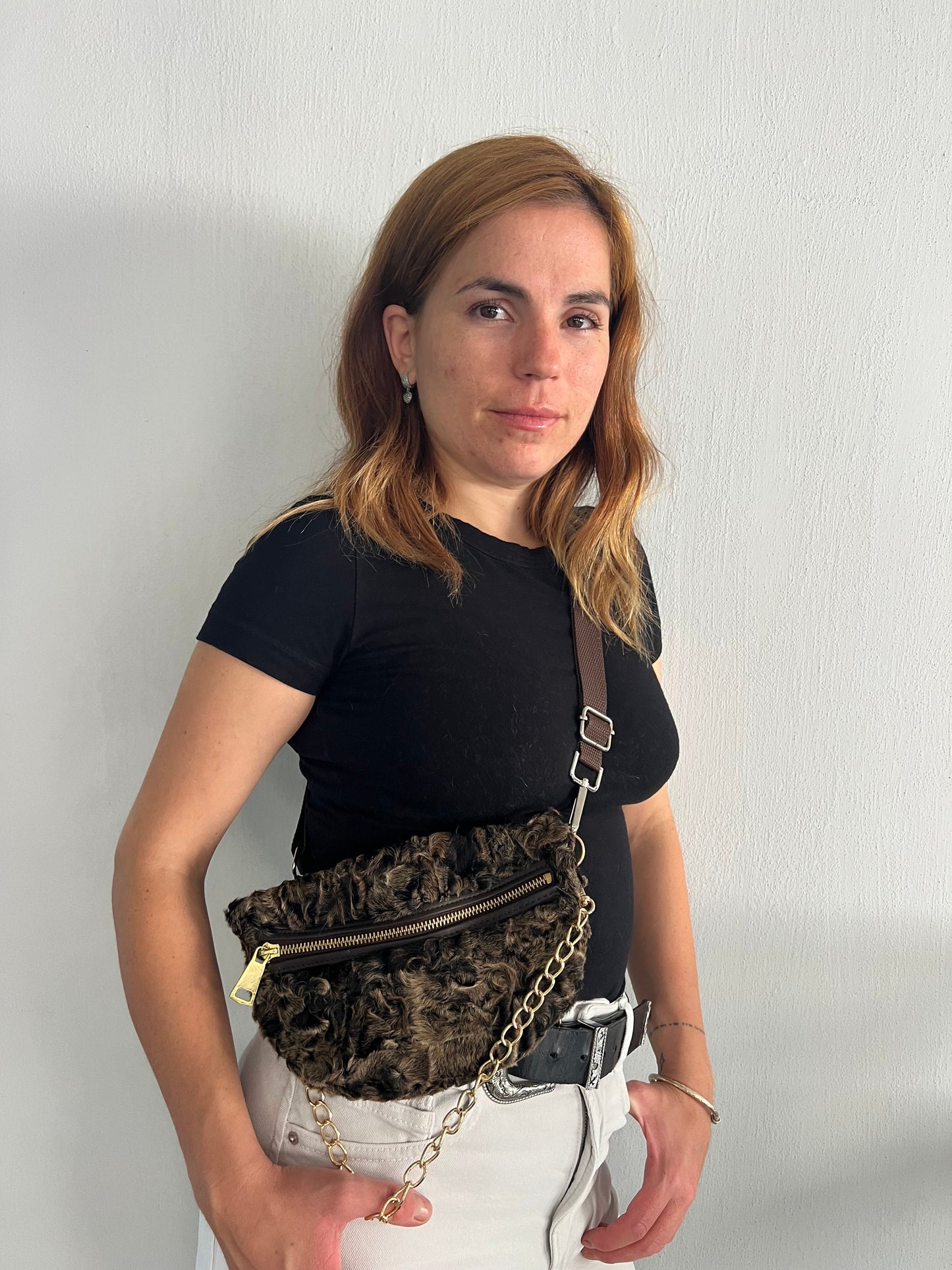 Real Mink Fur Bumbag: Brown Fanny Pack with Chain
