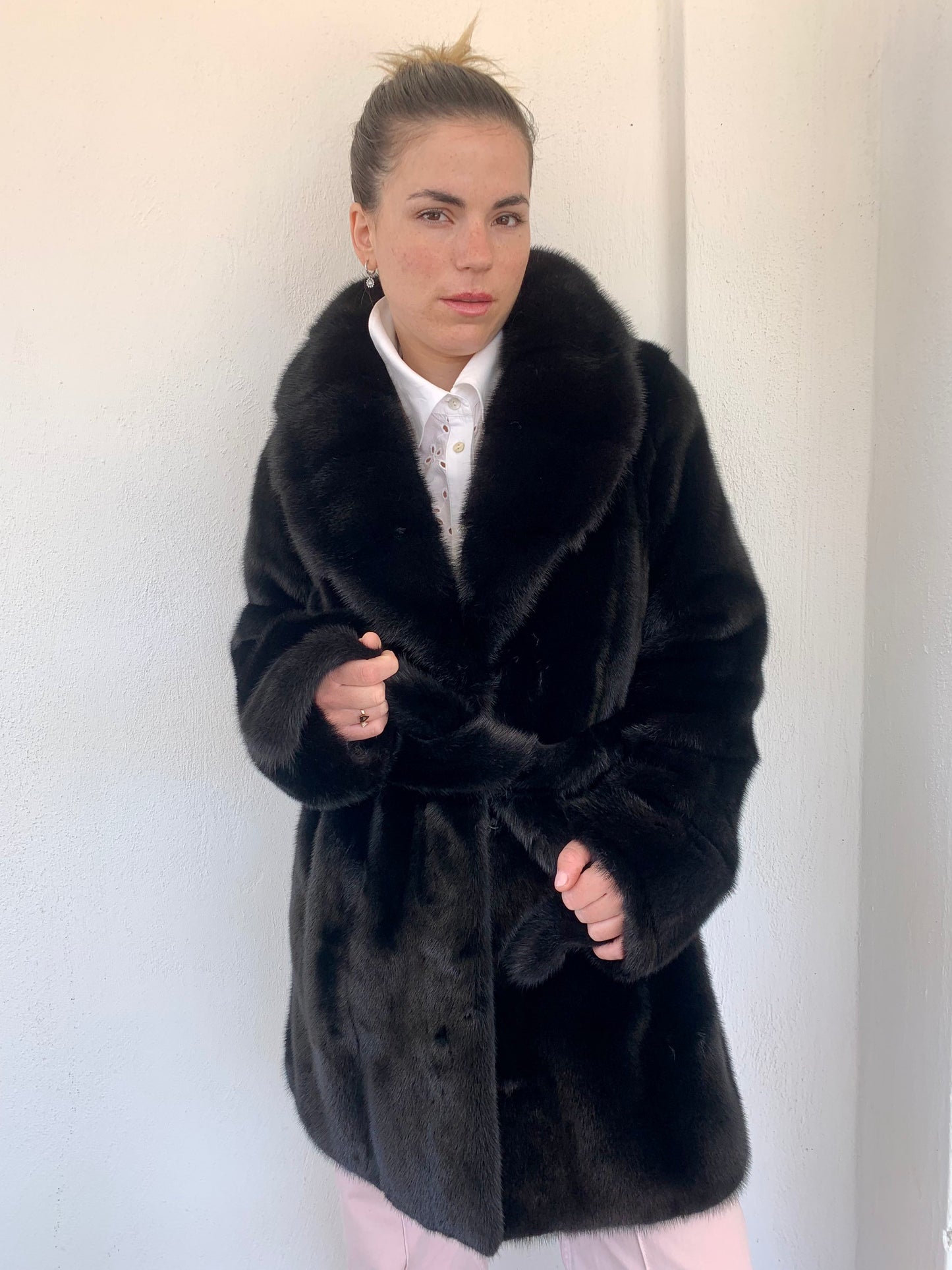 Real Mink Fur Jacket: Black Supple Skin Coat with Belt