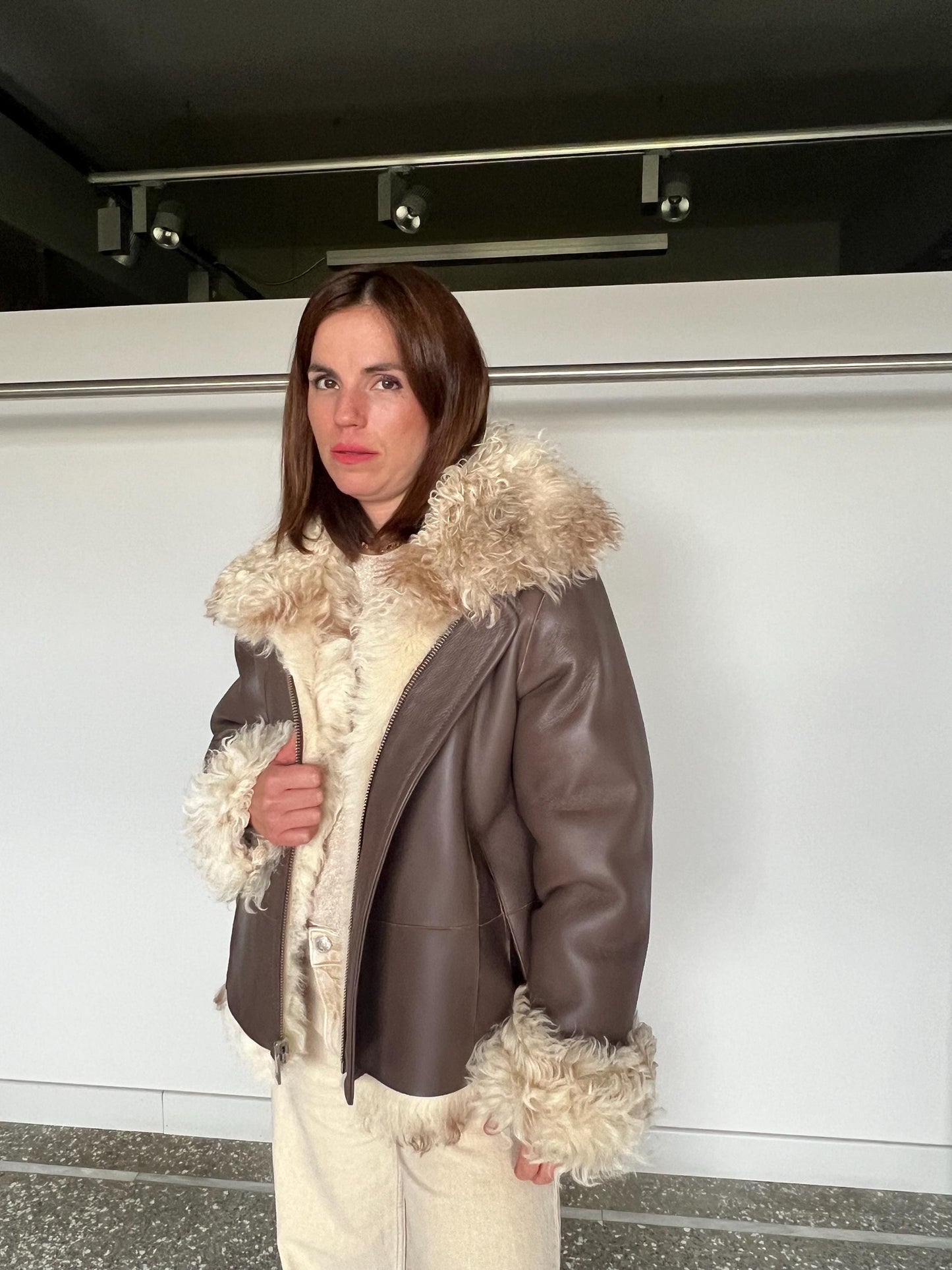 Handmade Shearling Fur Jacket: White & Beige, Taupe Leather, Zip Up