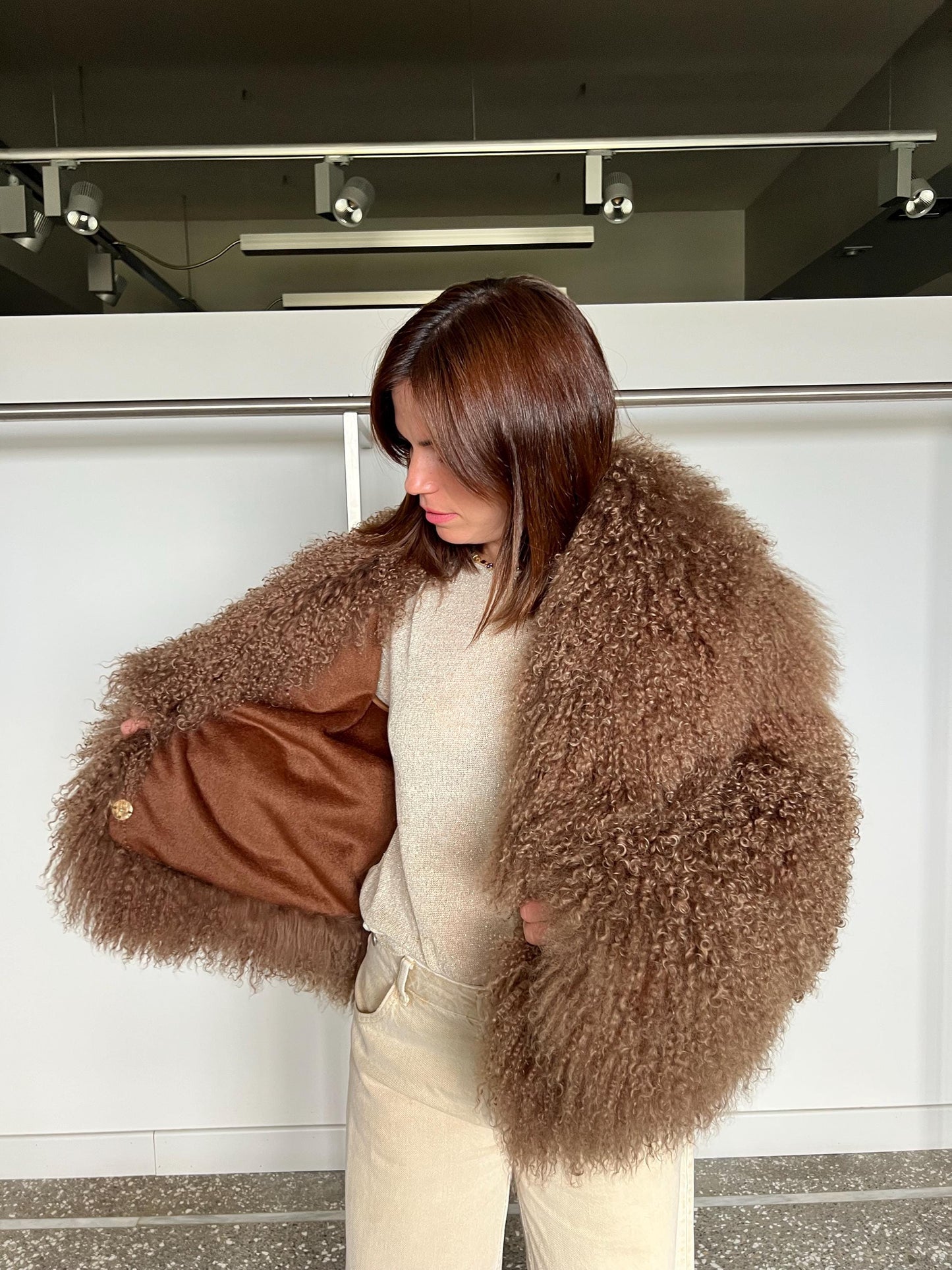 Handmade Chocolate Mongolian Lamb Fur Jacket - Pastel Brown Clip Closure