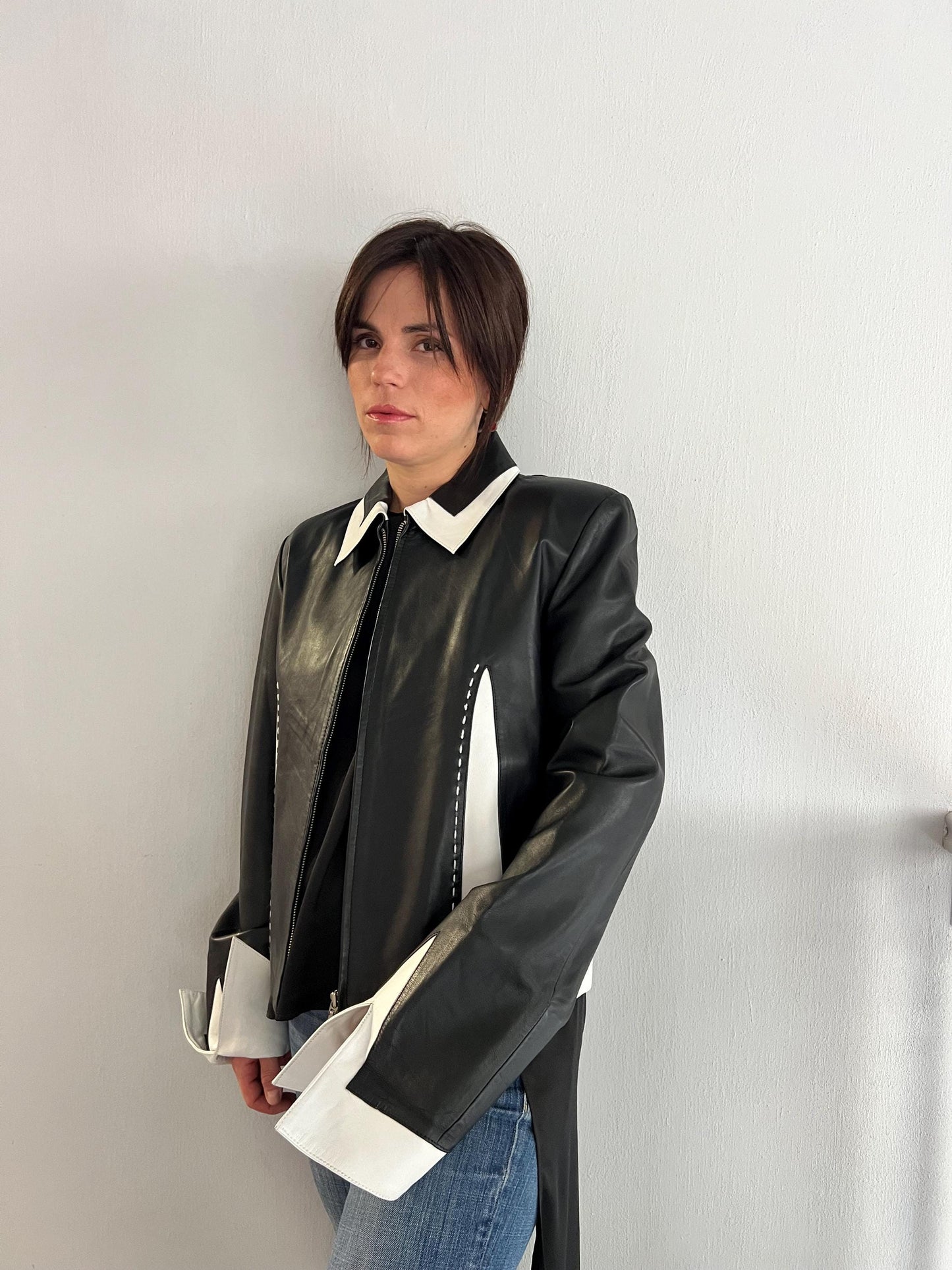 Handmade Lambskin buttery Leather Jacket: Black & White Nappa, Medium