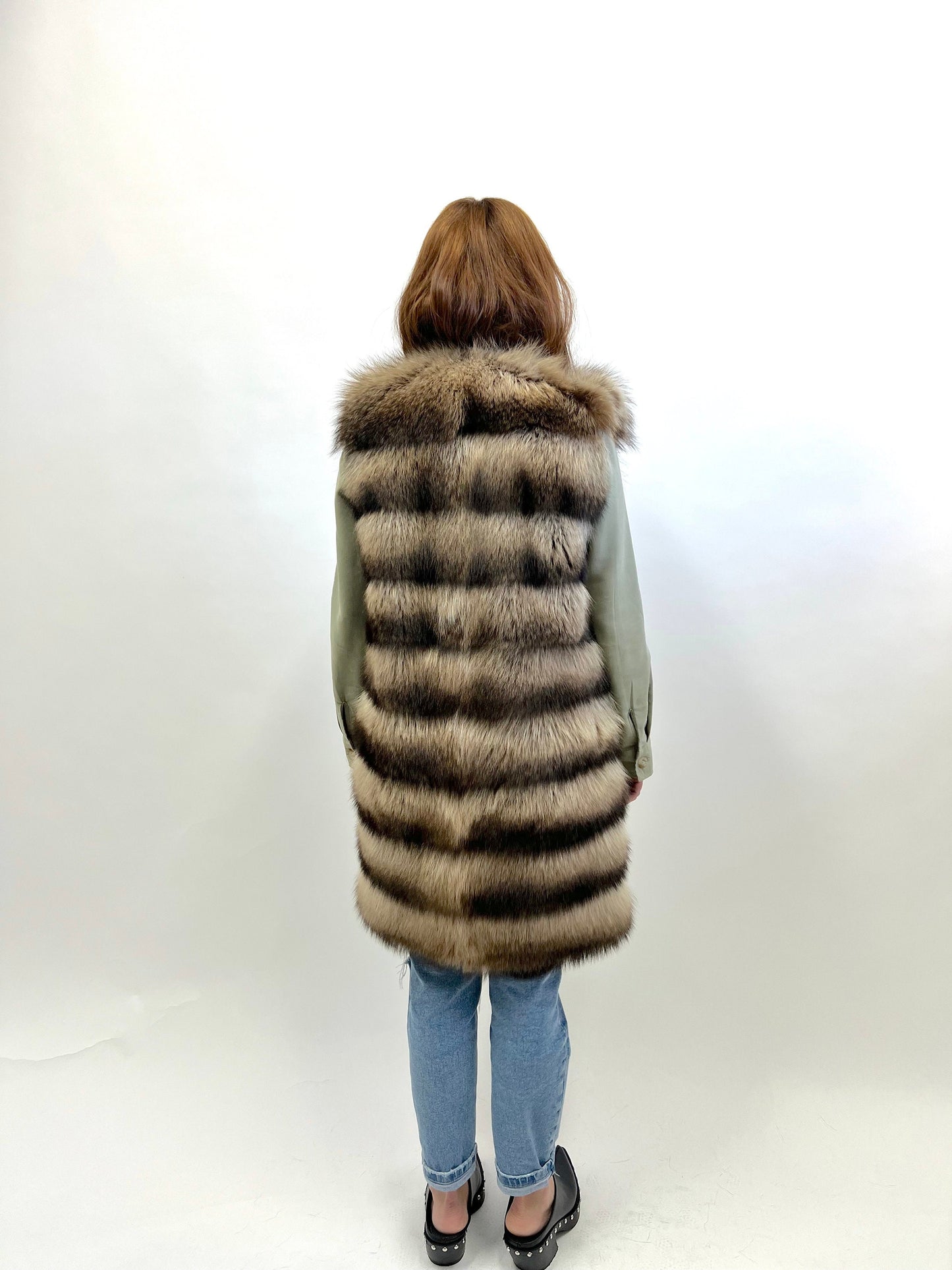 Real Raccoon Fur Vest: Beige Brown Leather Trim, Size XXSmall-XSmall