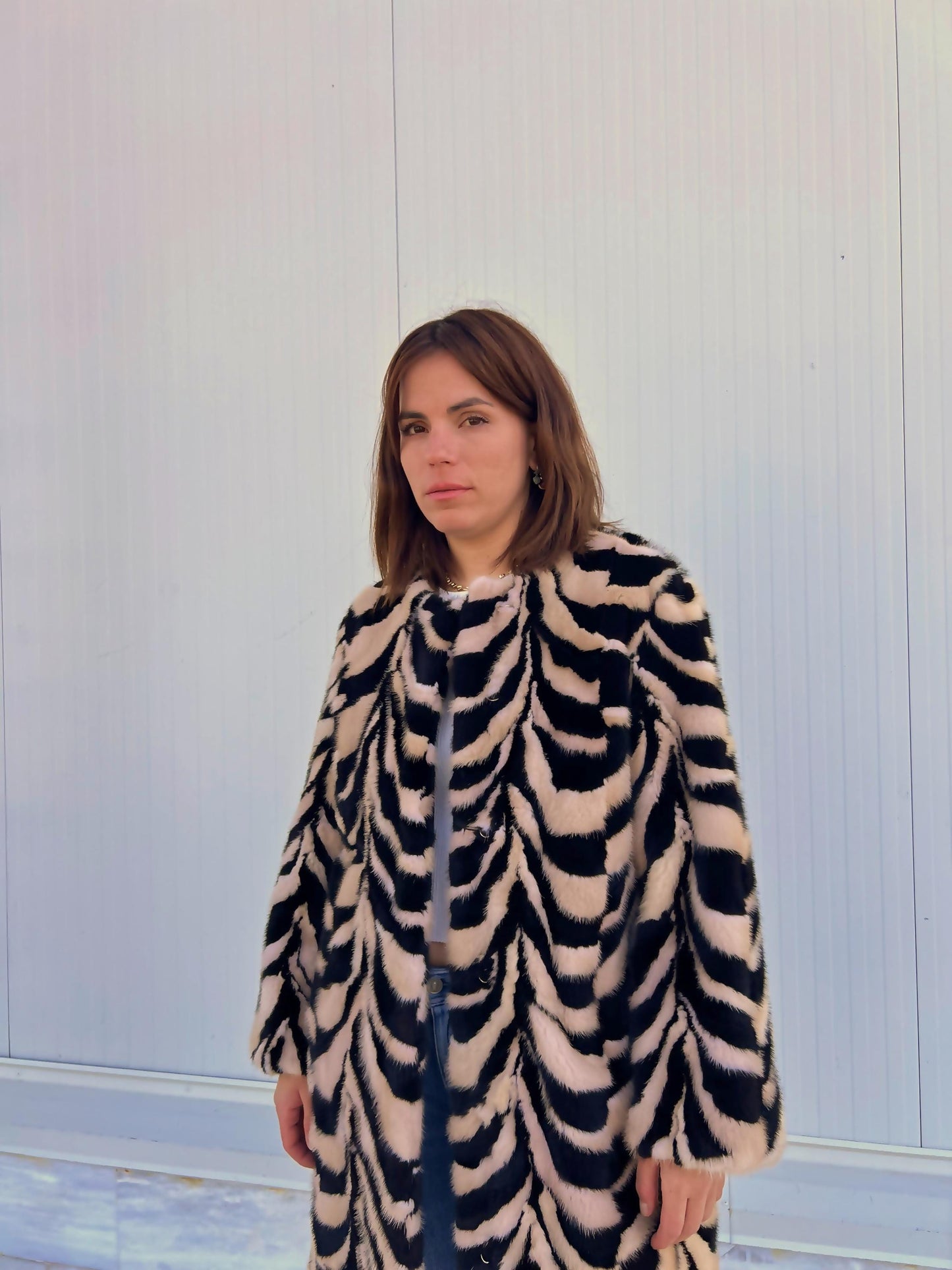 Beige & Black Intarsia Mink Fur Jacket: Handmade Genuine Fur Blazer