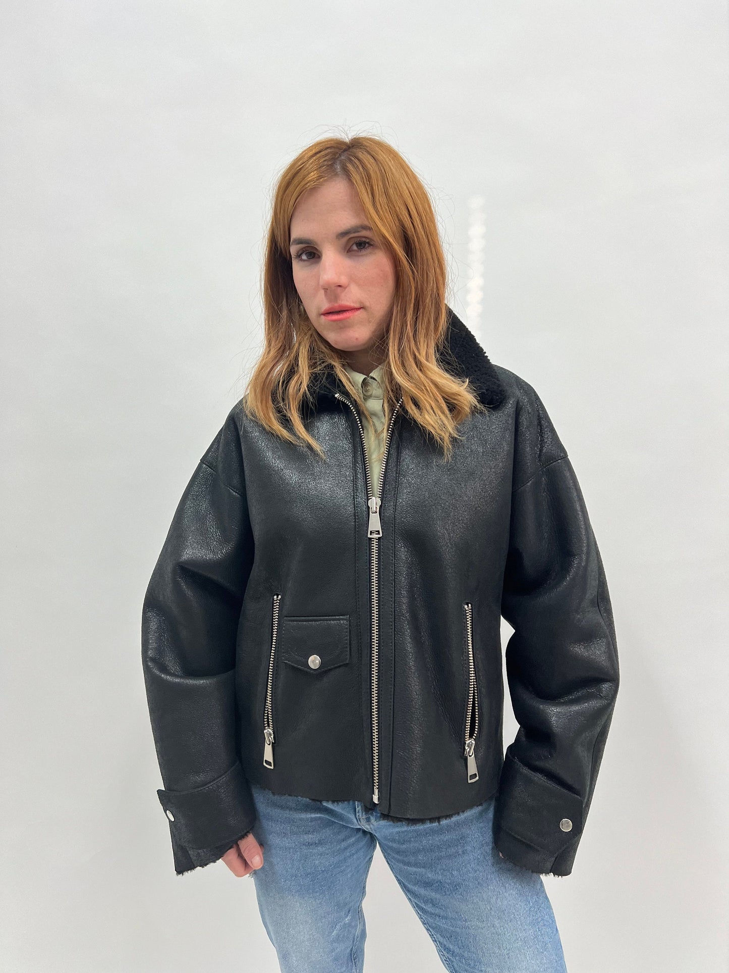 Handmade Black Shearling Fur Jacket: Cracked Leather Sheepskin Coat