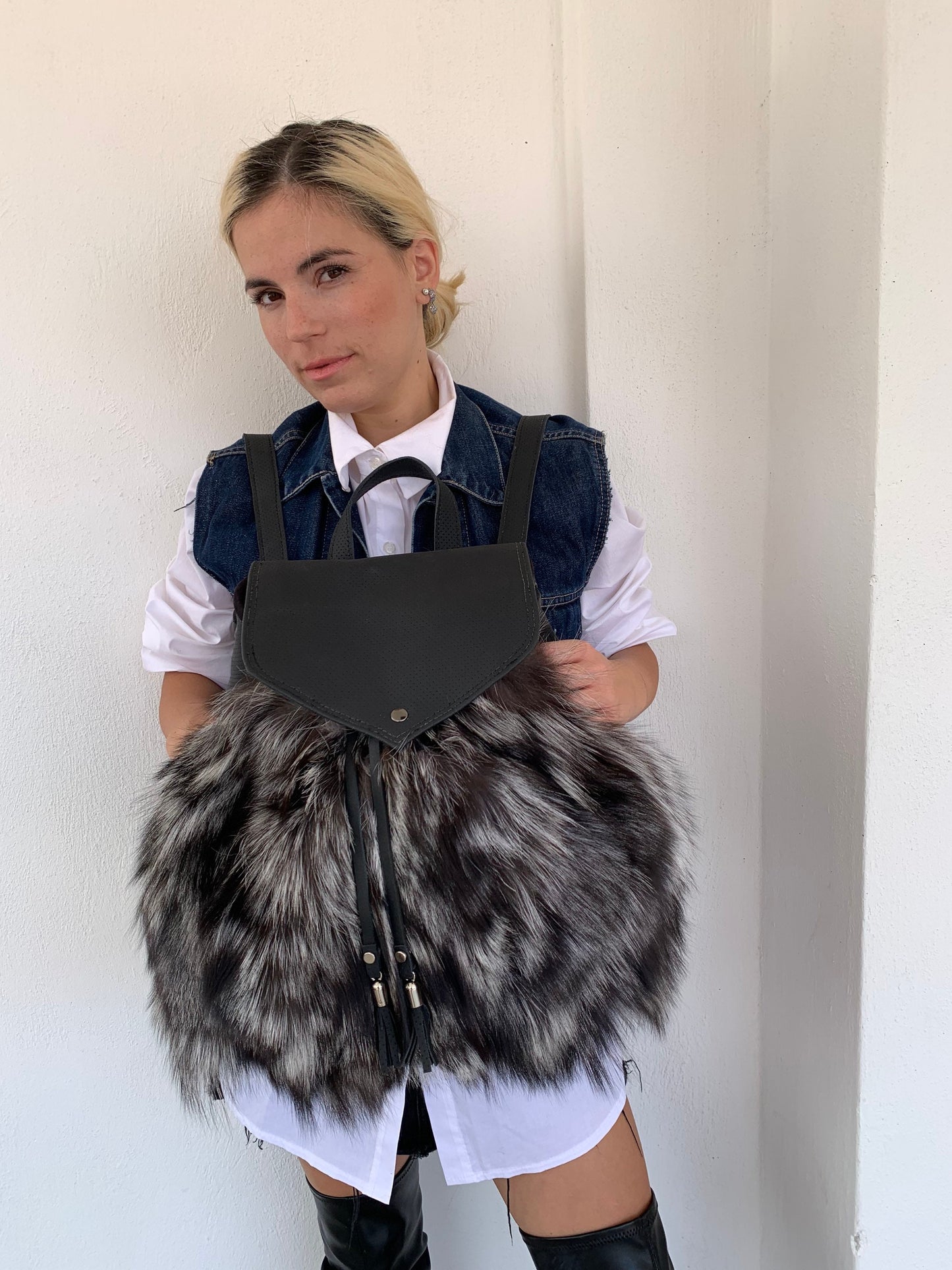 Real Leather & Silver Fox Fur Backpack: Adjustable Straps