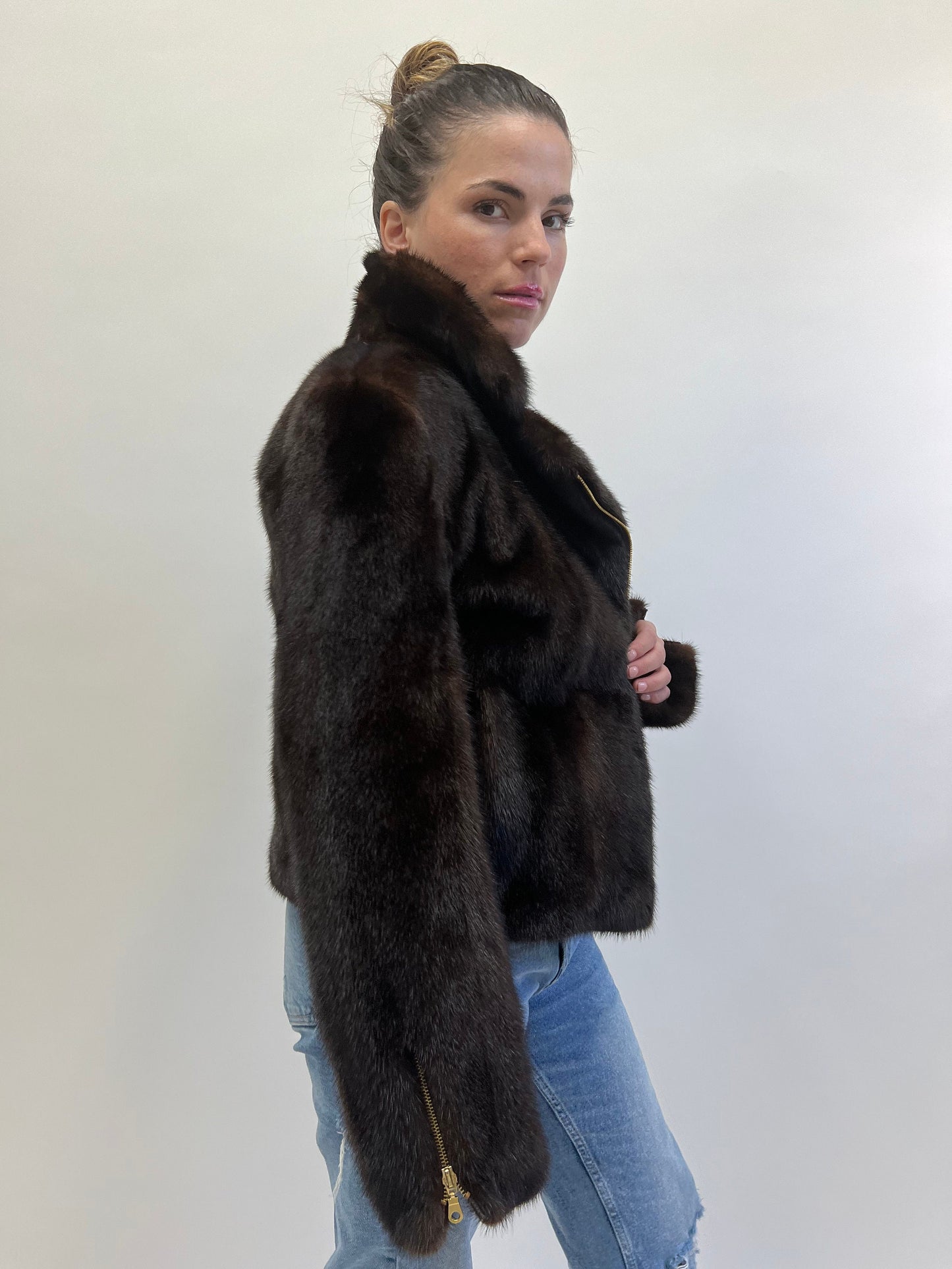 Dark Brown Mink Fur Biker Jacket: Lightweight Luxury with Gold Hardware