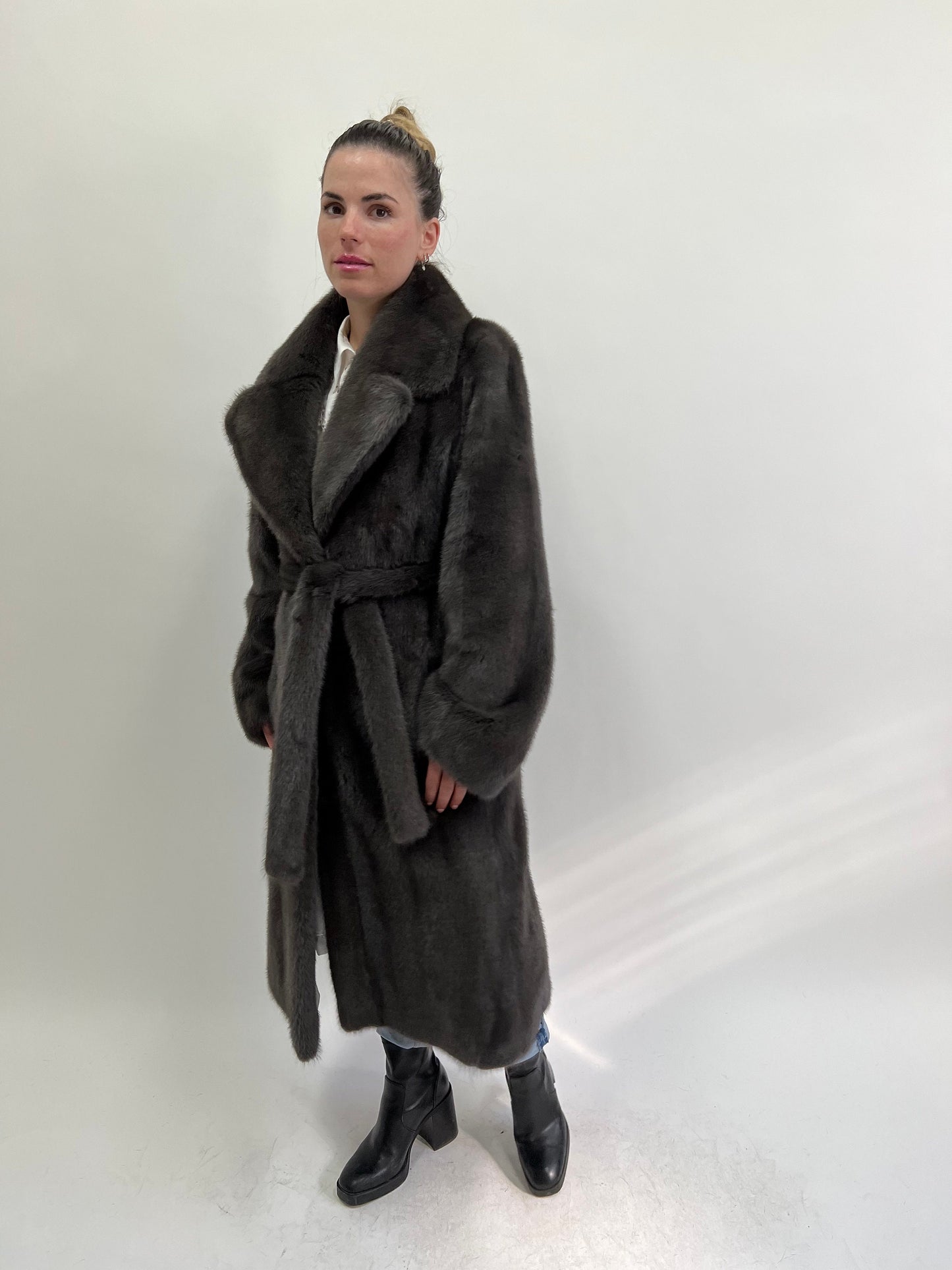 Real Graphite Mink Fur Long Coat: Belted Copenhagen Fur, Handmade