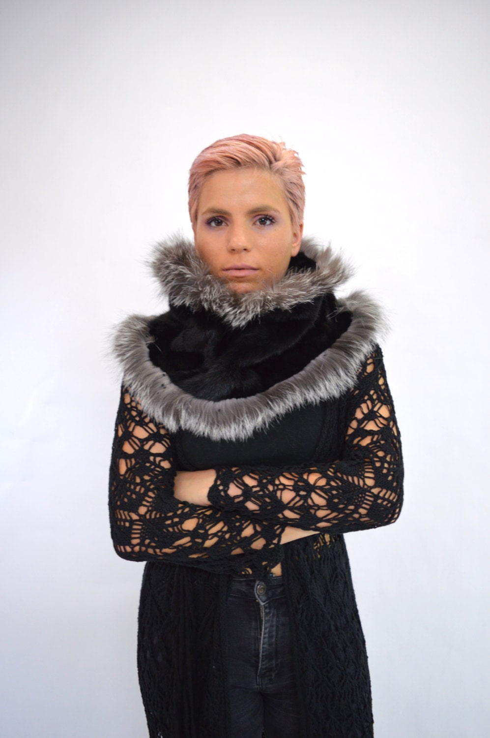 Handmade Black Mink Fur Infinity Scarf: Silver Fox Fur Cowl