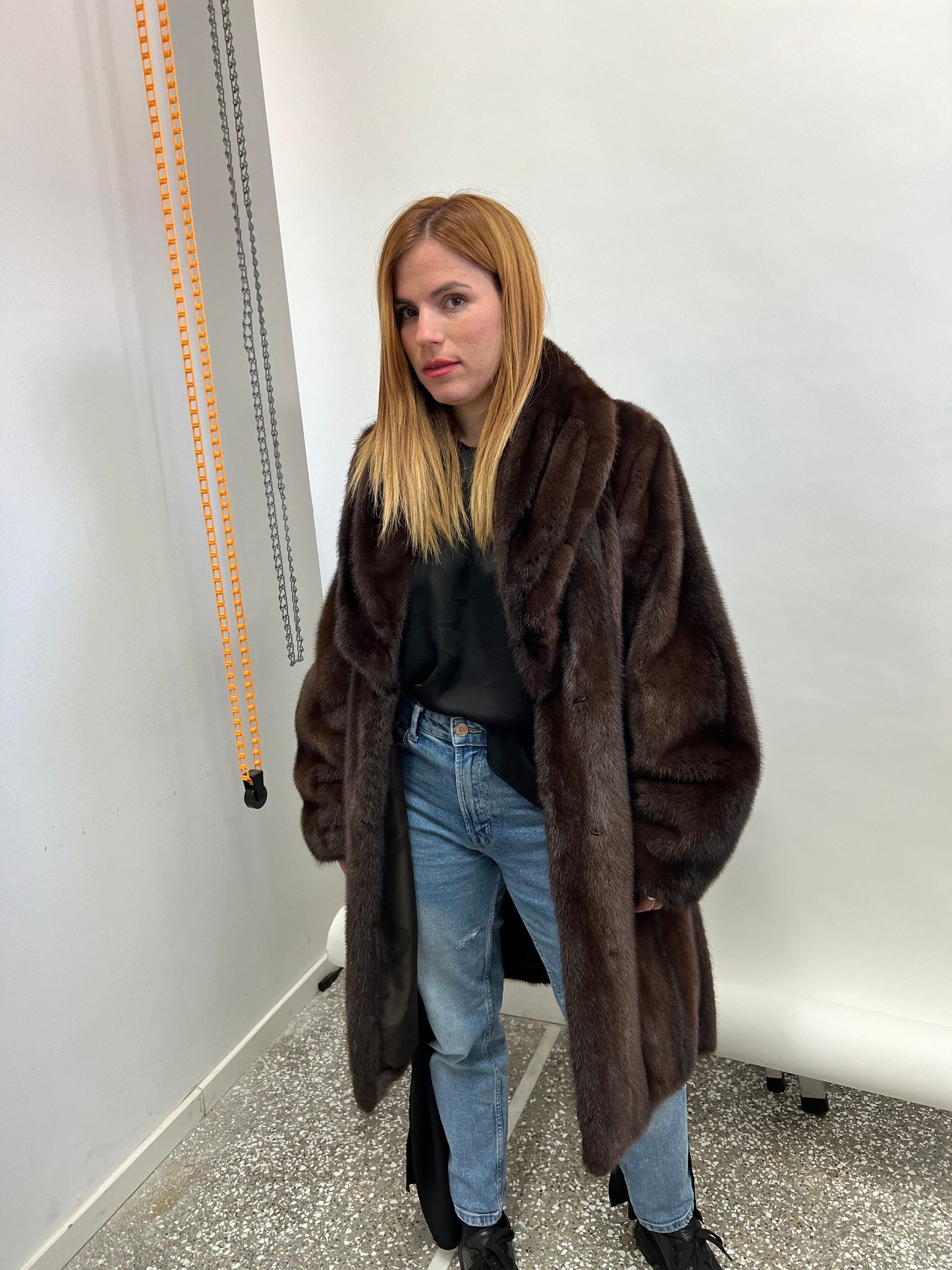 Choco Brown Mink Fur Coat: Big Collar Belted Stroller, Size Medium