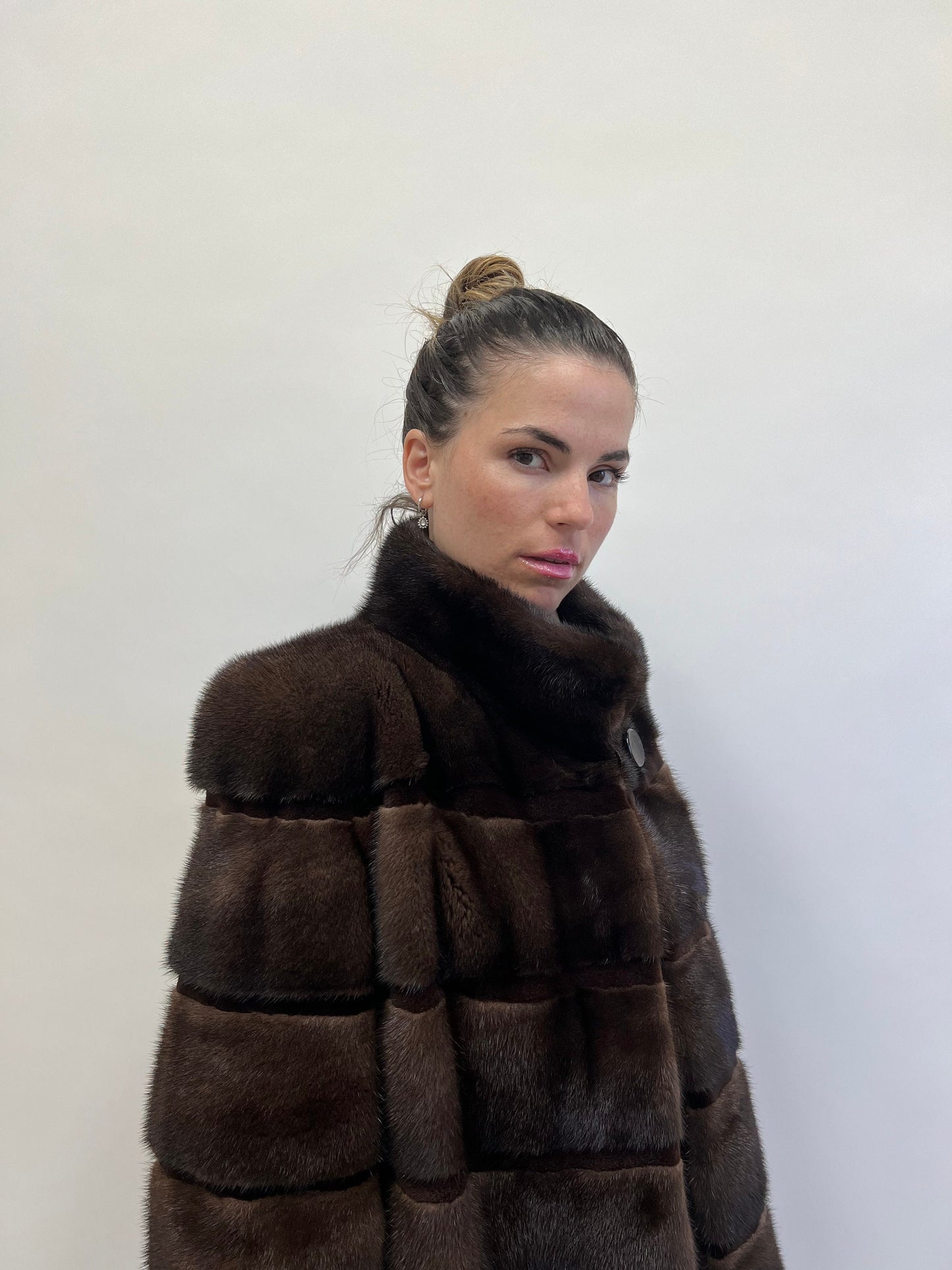 Dark Brown Mink Fur Coat: Horizontal Sheared Stripes, Size M/L