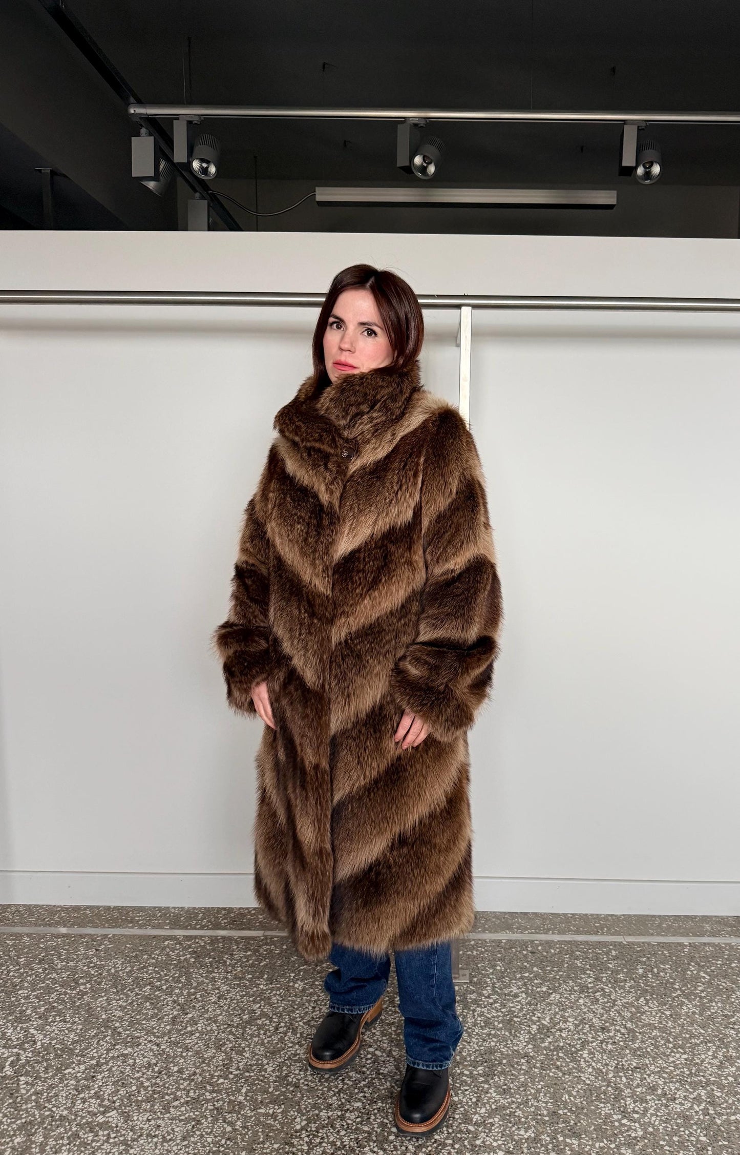 Real Raccoon Fur Coat: Choco Brown extremely warm diagonal fur stroller.