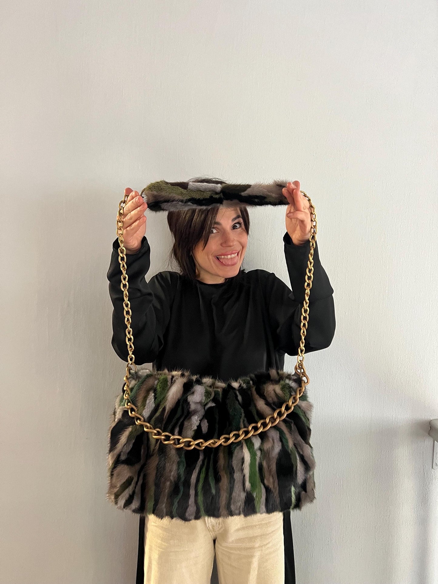 Handmade Mink Fur Slouchy Shoulder Bag: Luxury Cross-body Purse in army shades.