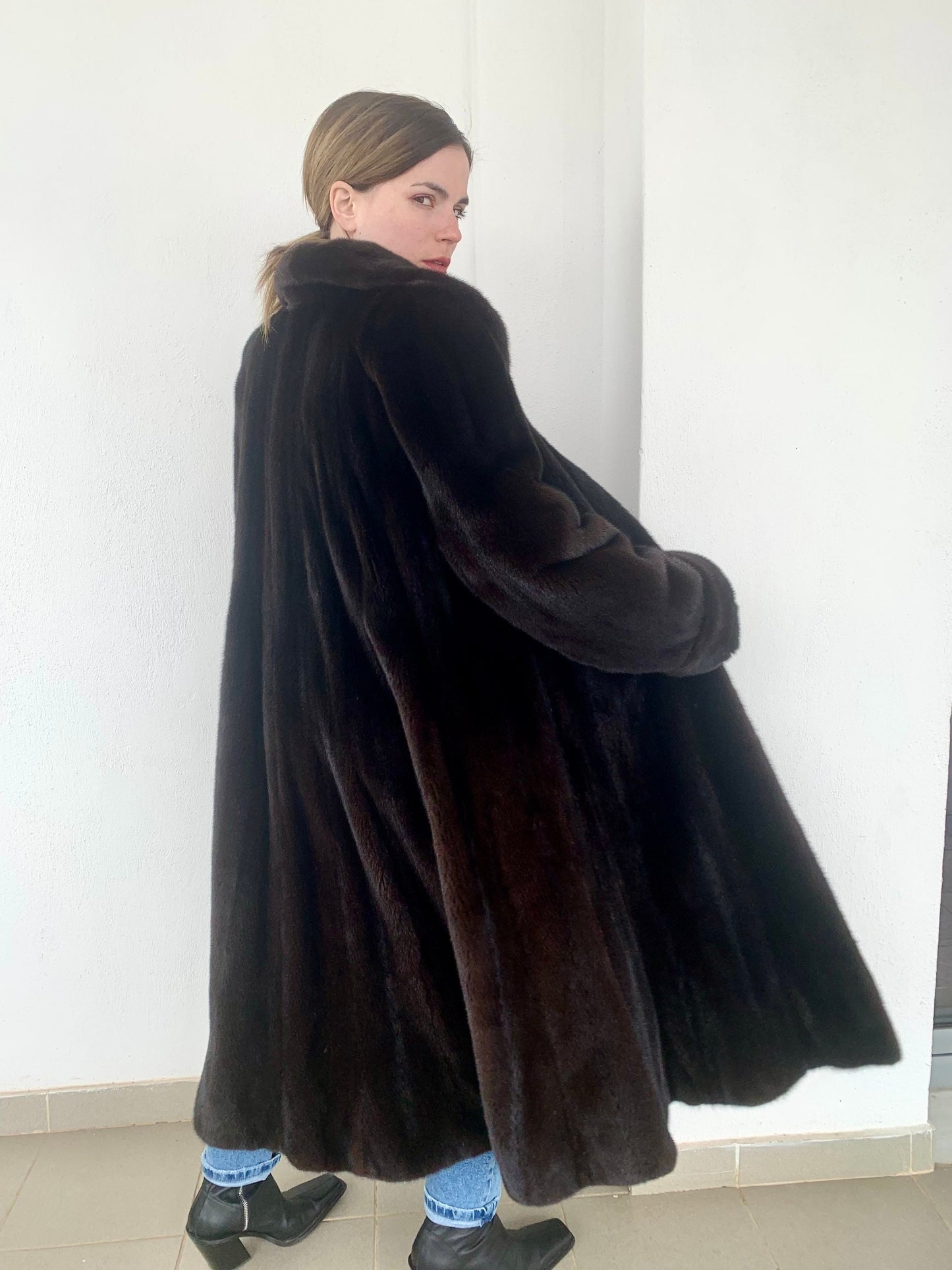 Mahogany Mink Fur Long Coat - Handmade Luxury stroller in full length godet style.