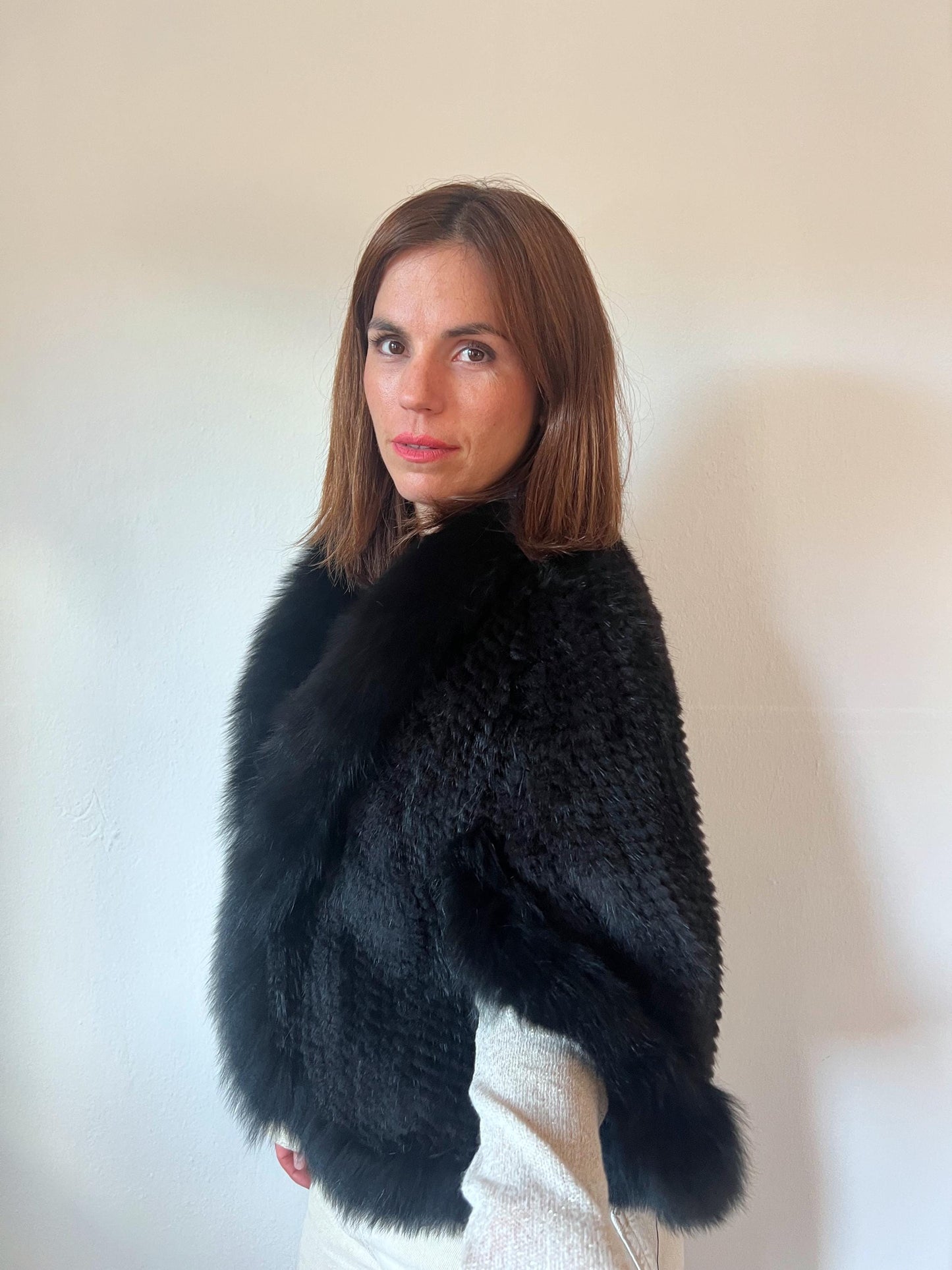 Handwoven Black Mink Fur Cape with Fox Trim - Made in Greece
