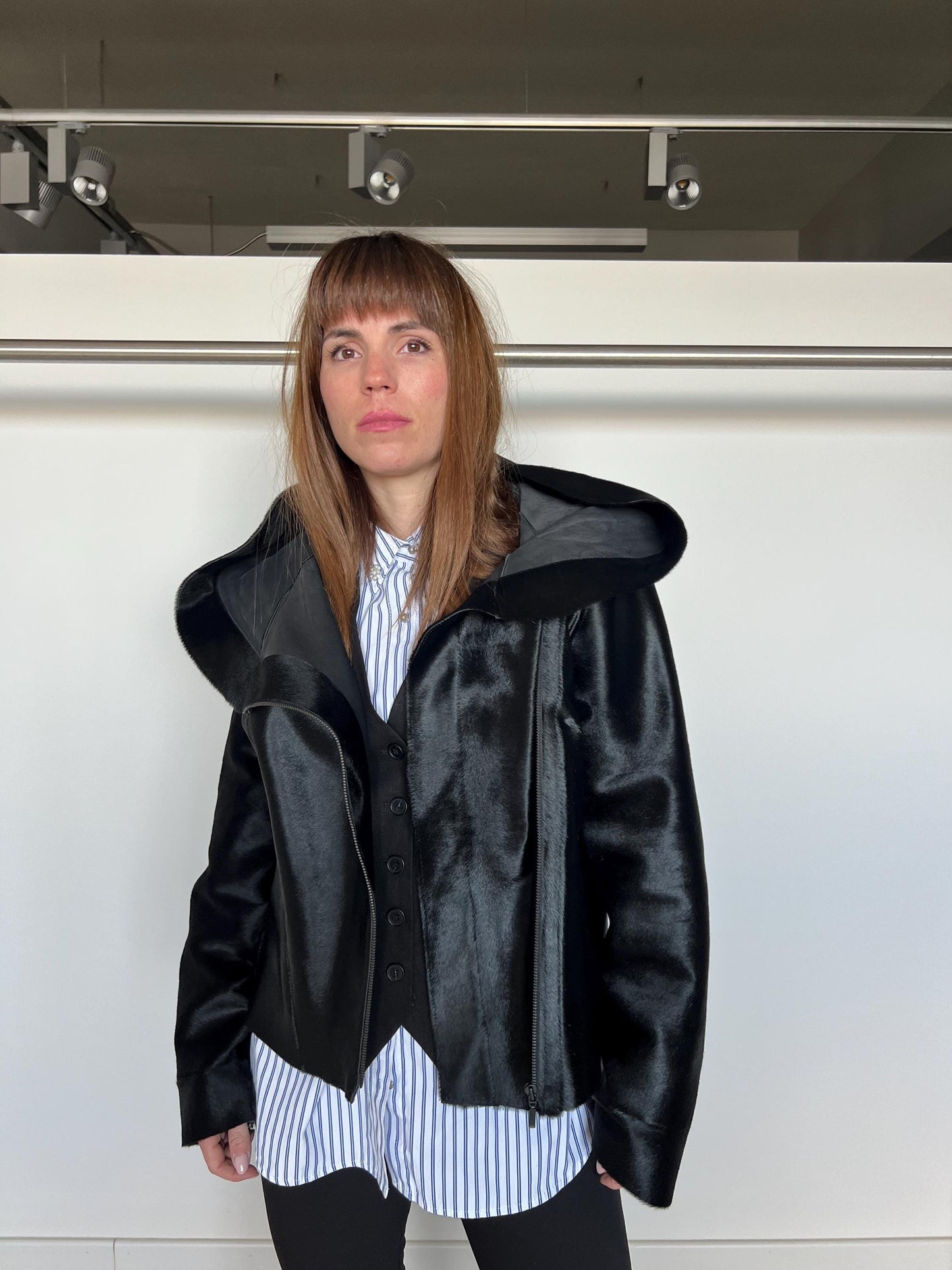 Genuine Hair-On Leather Coat: Black Cavallino Calf Jacket with Hood
