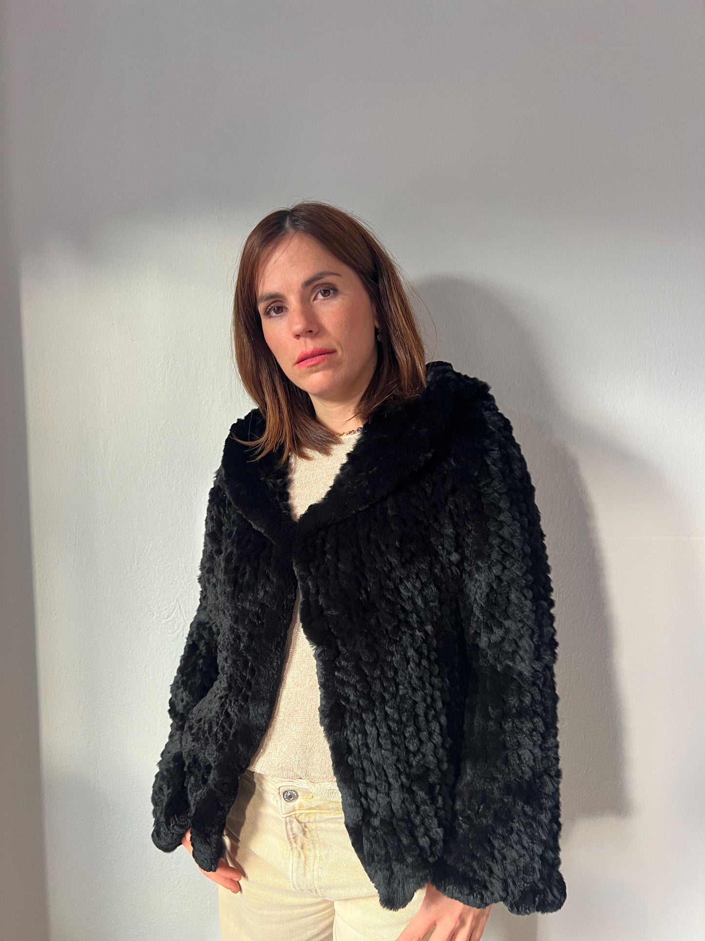 Handwoven Black Rabbit Fur Hooded Jacket - Frog Closure