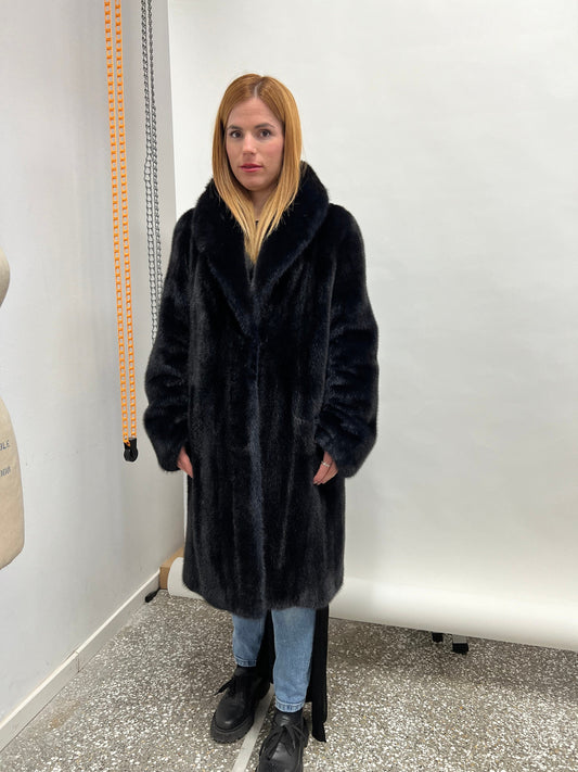 Midnight Blue Saga Mink Fur Coat, Robe Style, Size Medium