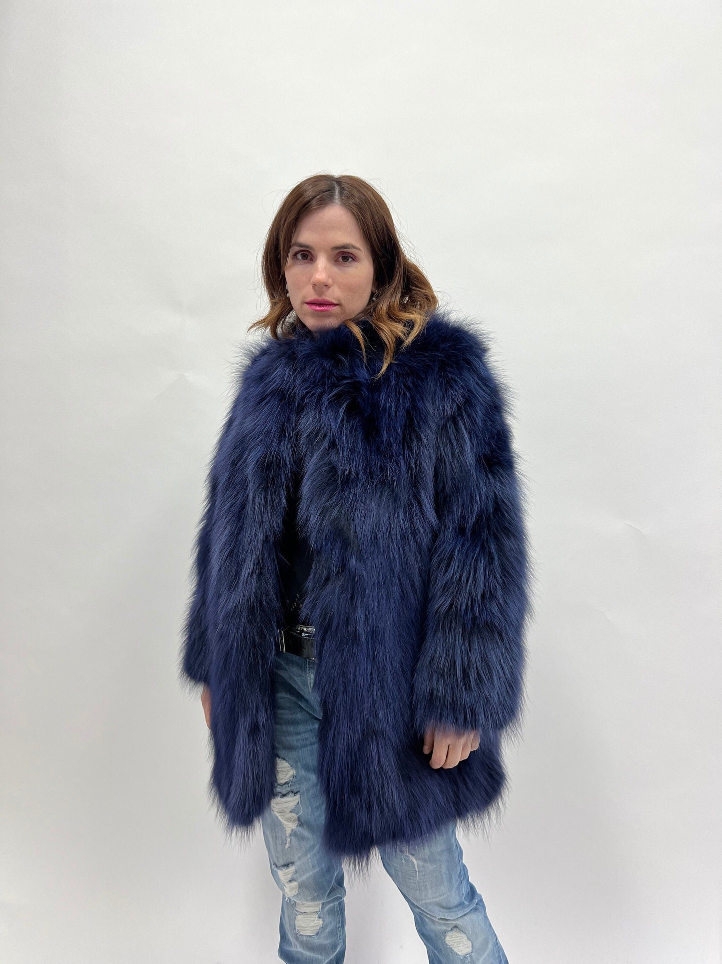 Real Denim Blue Fox Fur Coat - Winter Luxury