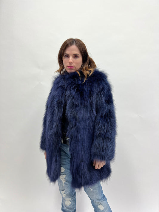 Real Denim Blue Fox Fur Coat - Winter Luxury