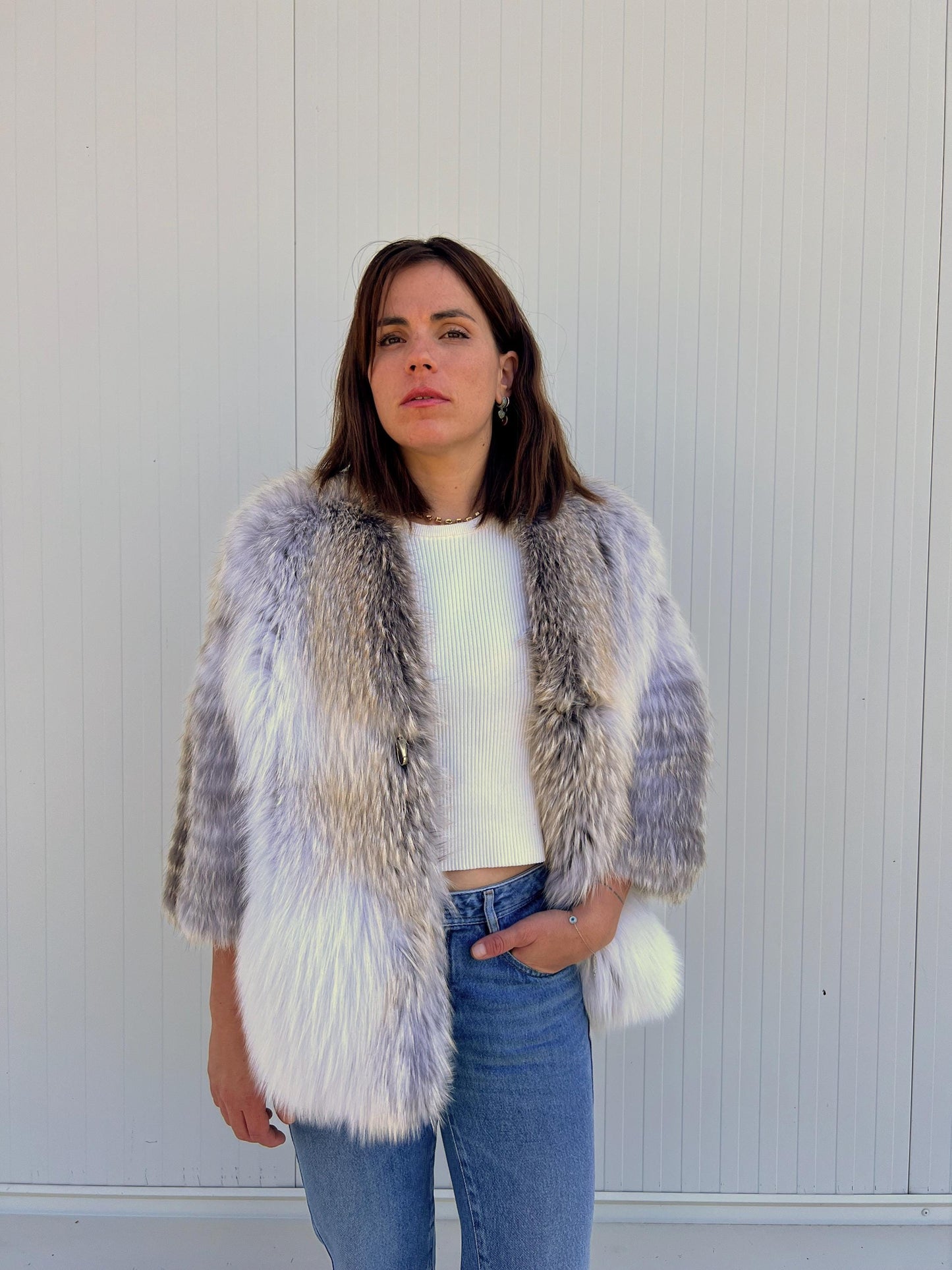 Handmade Fox Fur Jacket: White & Grey Lightweight Fluffy Coat