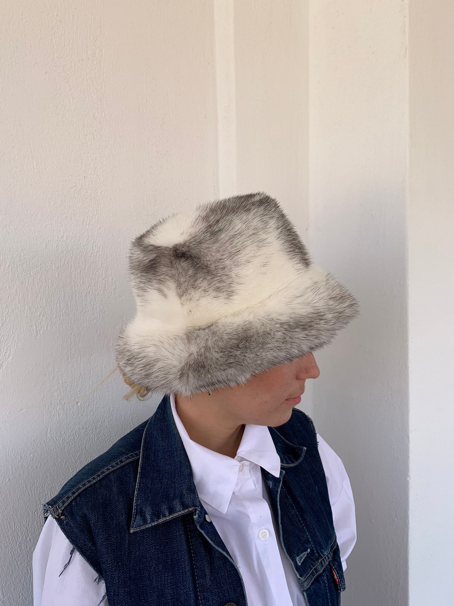 Real Mink Fur Bucket Hat: Silver Cross Design, Padded Lining