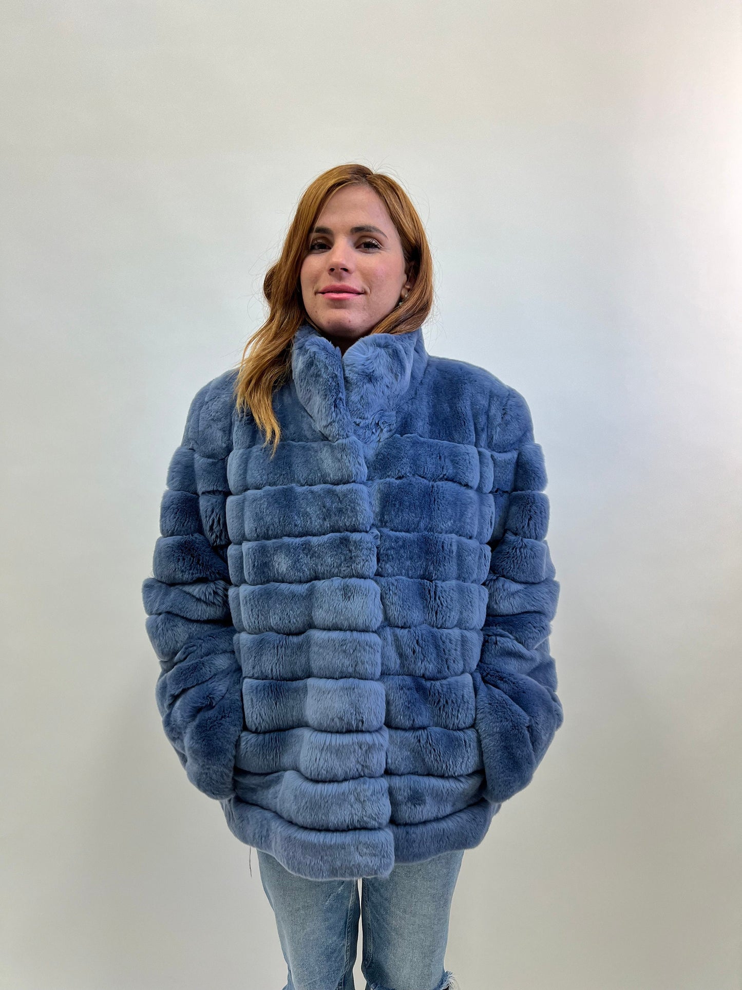 Plus Size Rex Rabbit Fur Jacket with Leather Trim