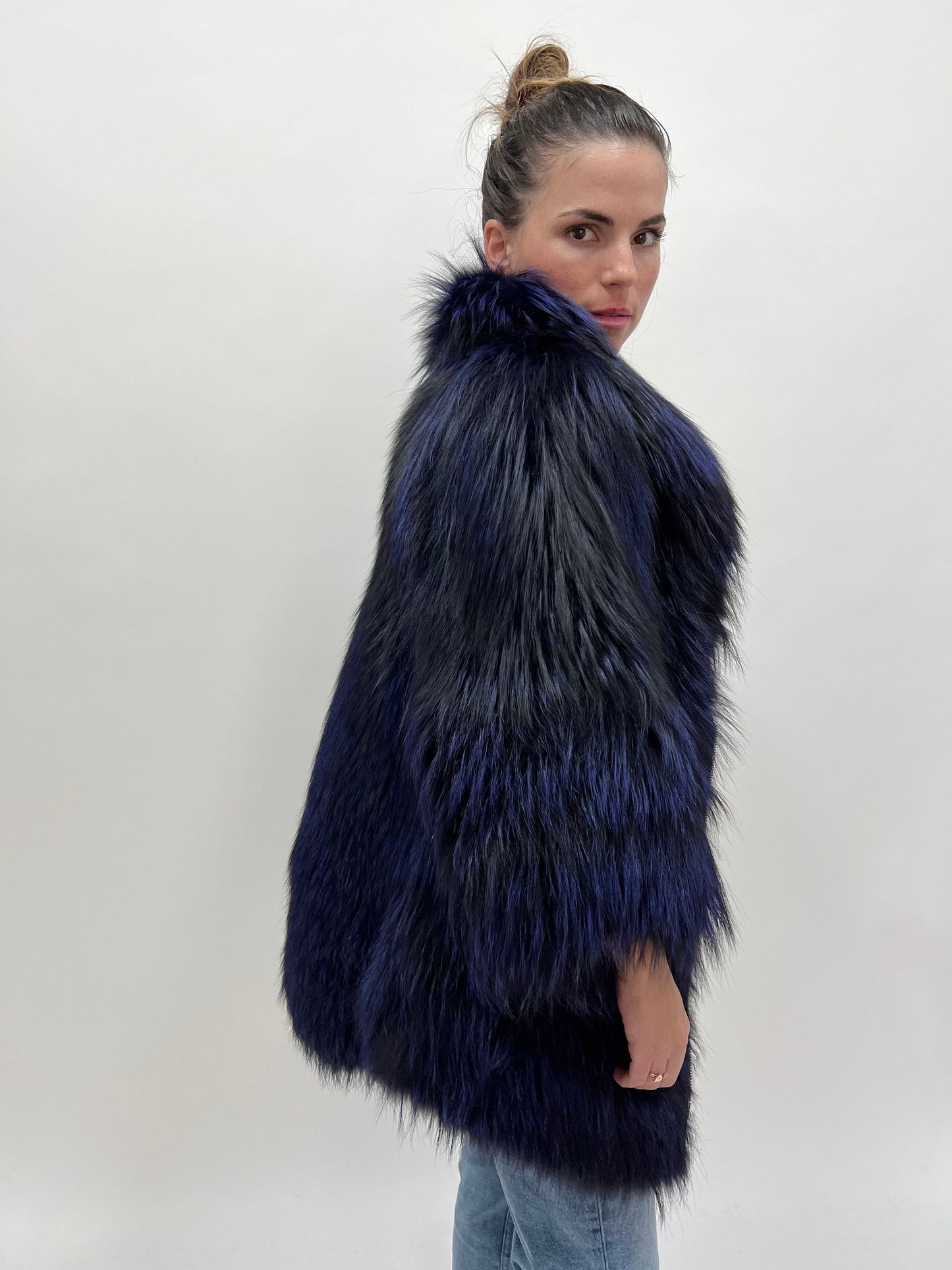 Real Navy Blue Fox Fur Coat: Luxury Women's Stroller, Size Large