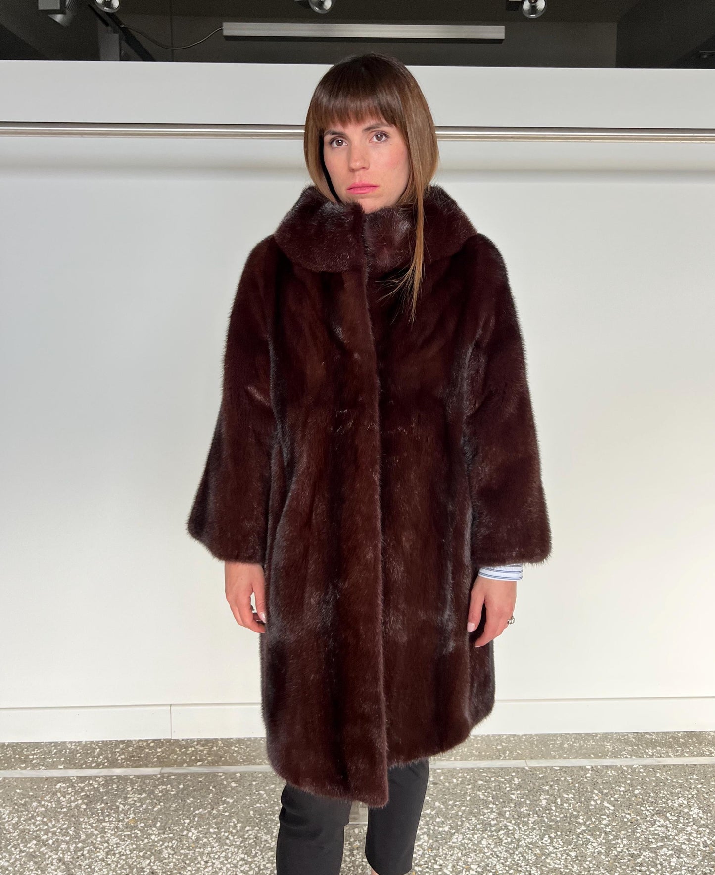 Burgundy Mink Fur Coat: Saga Quality, Stand Up Collar (Medium)