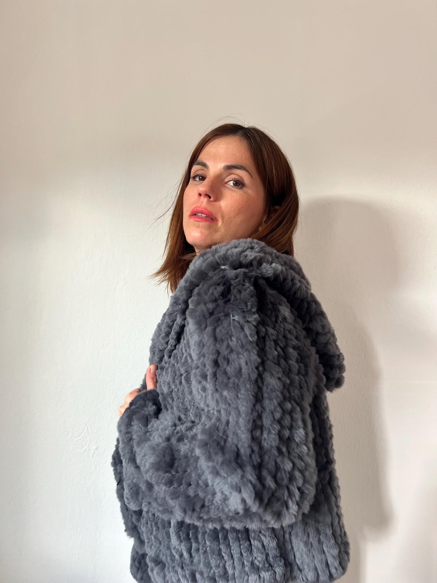 Handwoven Rabbit Fur Hooded Jacket - Dark Grey Lightweight Coat