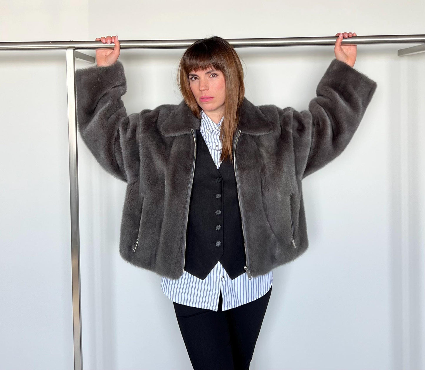 Grey Mink Fur Jacket: Copenhagen Pelts, Boxy Style, Size 2XL