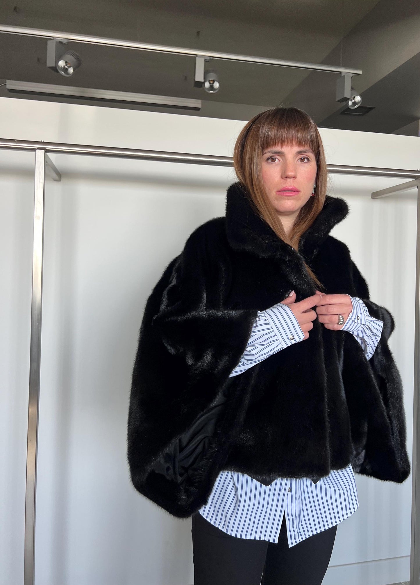 Black Mink Fur Bolero Jacket - Saga Mink Collar - Handmade