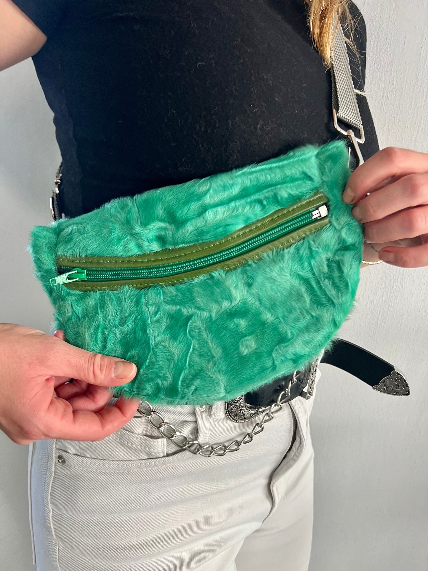 Green Sheared Fur Bumbag with Chain Strap