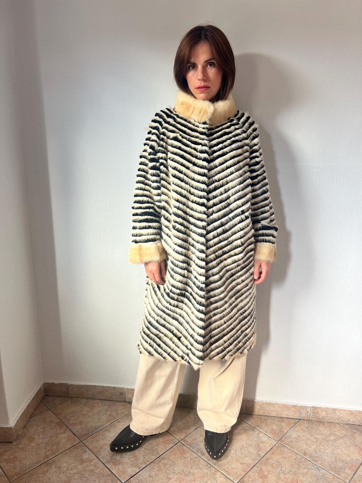 Handwoven Mink Fur Coat: Beige & Black Wool Lined Jacket